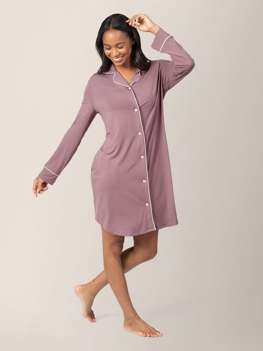 Model wearing the Clea Bamboo Long Sleeve Sleep Shirt in Twilight @model_info:Alie is 5'7" and wearing a Small. 