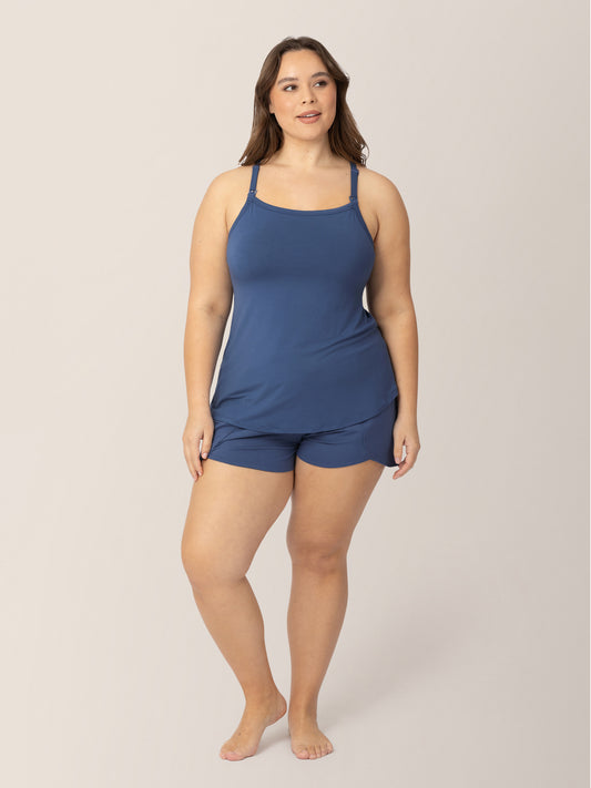 Model wearing the Bamboo Lounge Around Nursing Tank in Slate Blue @model_info:Venezia is wearing a Large.