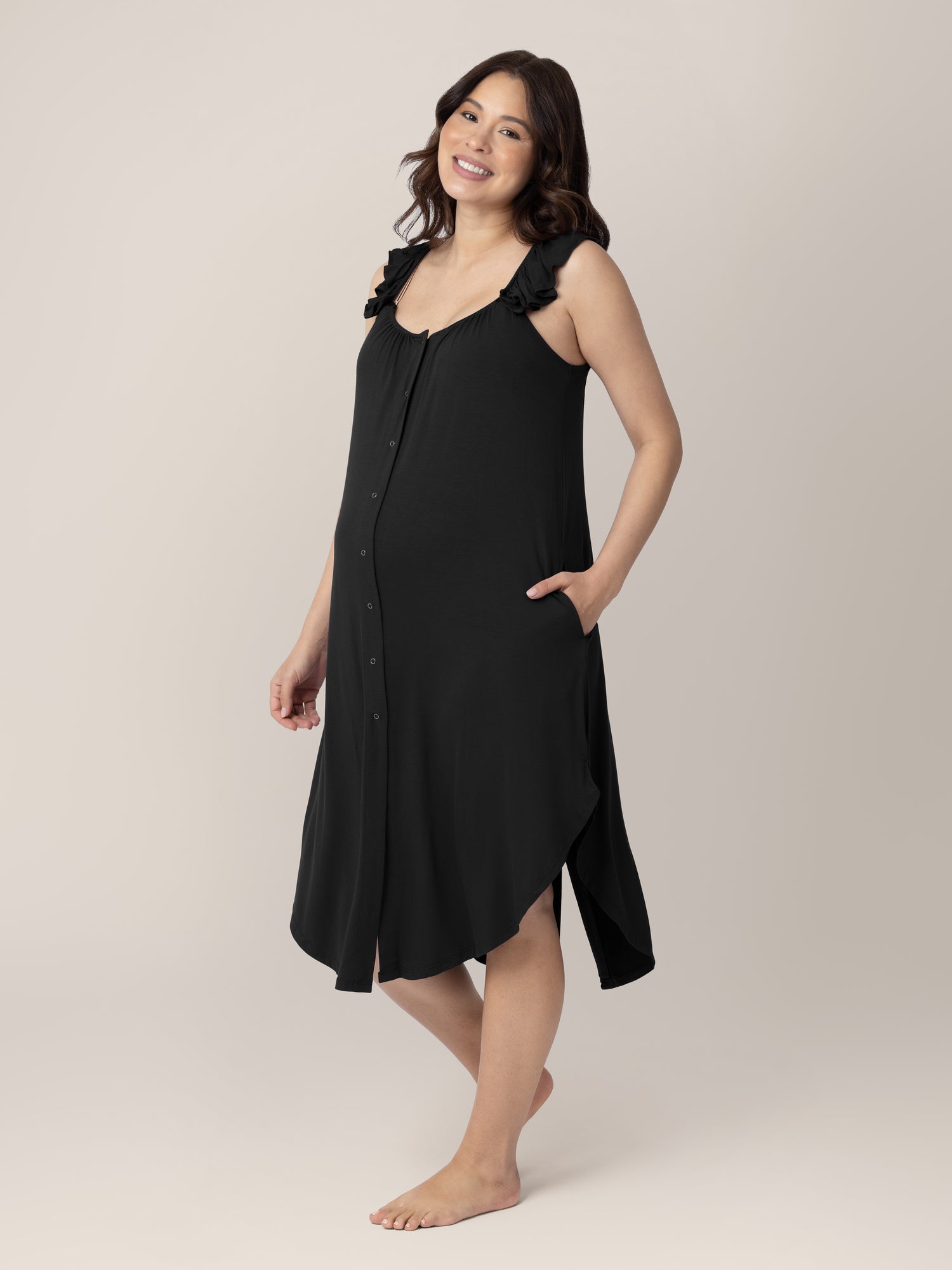 Ruffle Strap Labor Delivery Gown Black Kindred Bravely