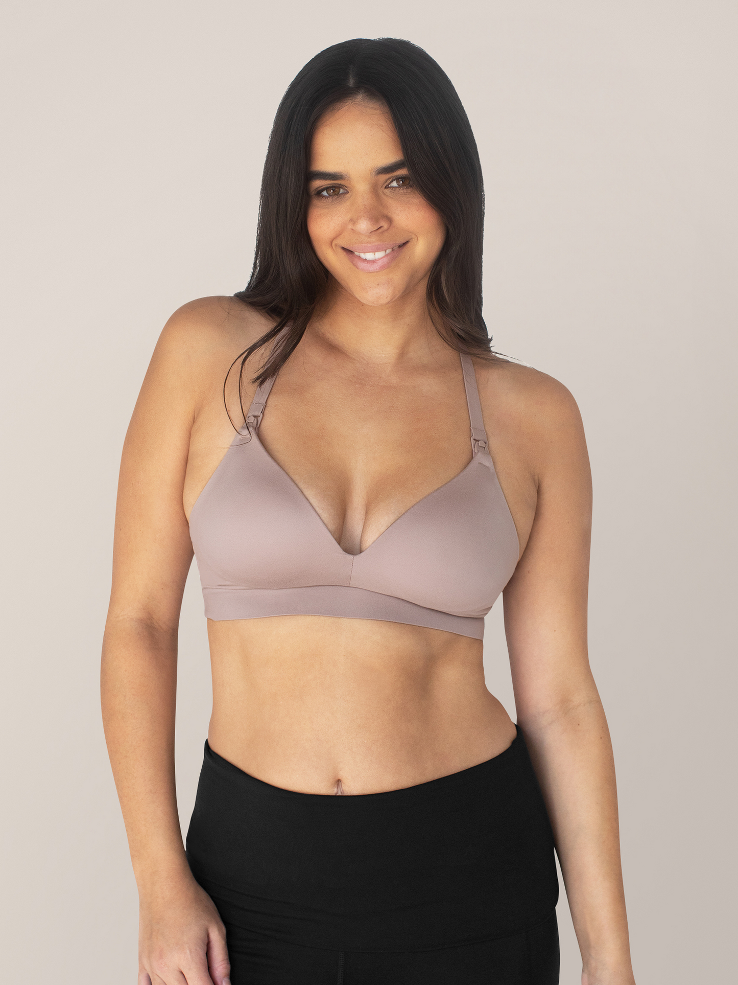 Model wearing the Minimalist Hands-Free Pumping & Nursing Bra in Lilac Stone. @model_info:Brooklyn is wearing a Small.