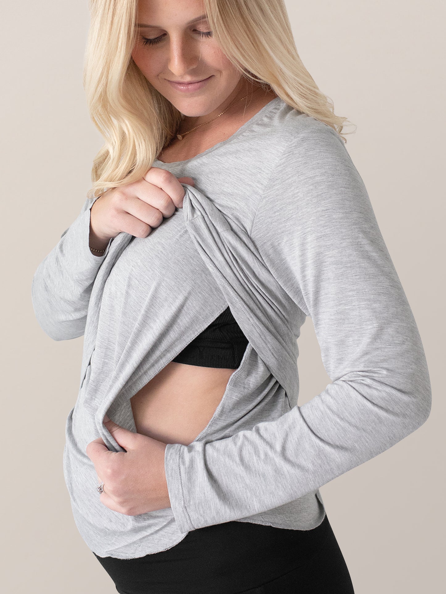 Pregnant model showing the  Bamboo Maternity & Nursing Long Sleeve T-shirt in Grey Heather pull up nursing cover