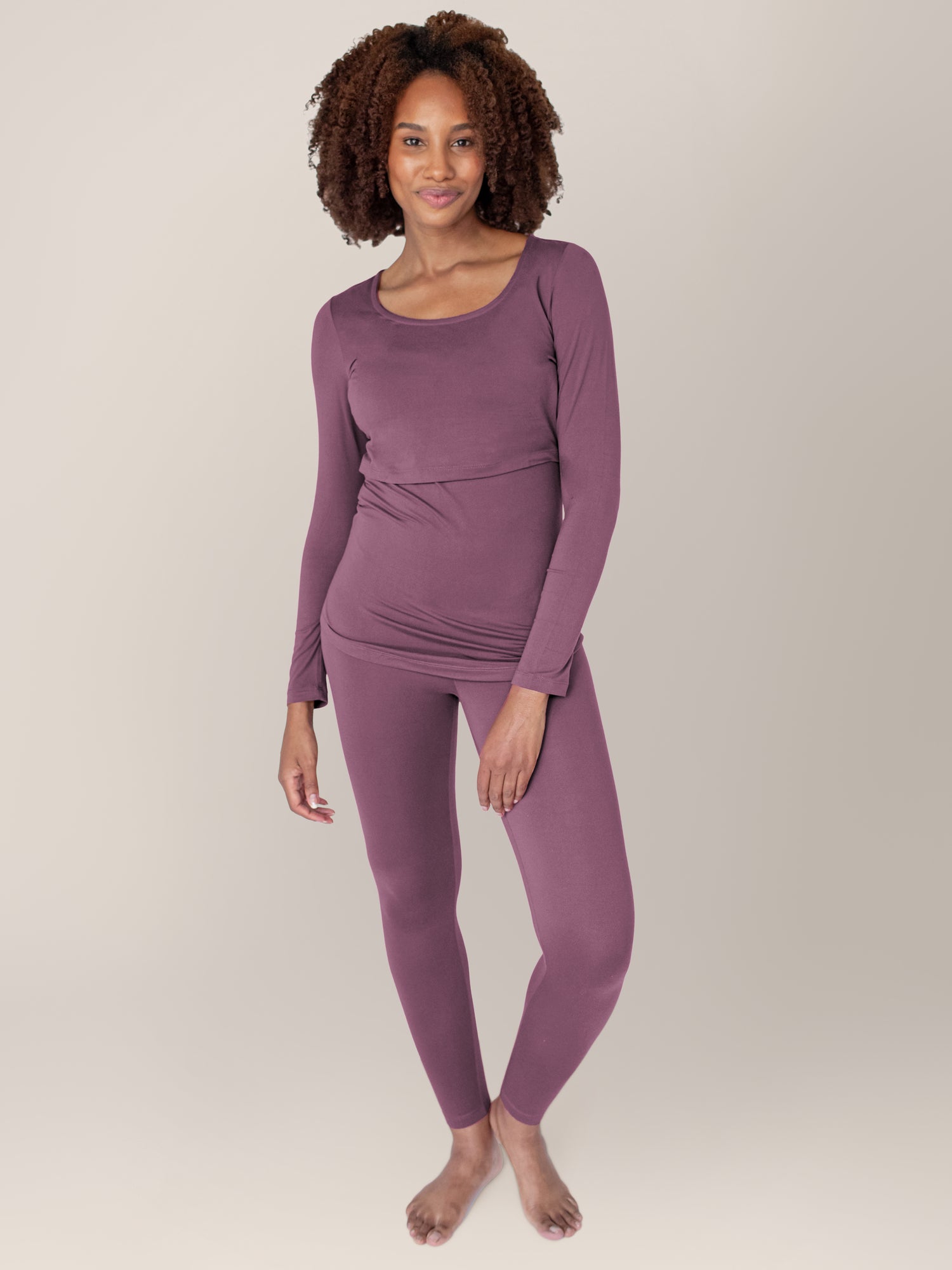 Model wearing the Jane Nursing Pajama set in Burgundy Plum.