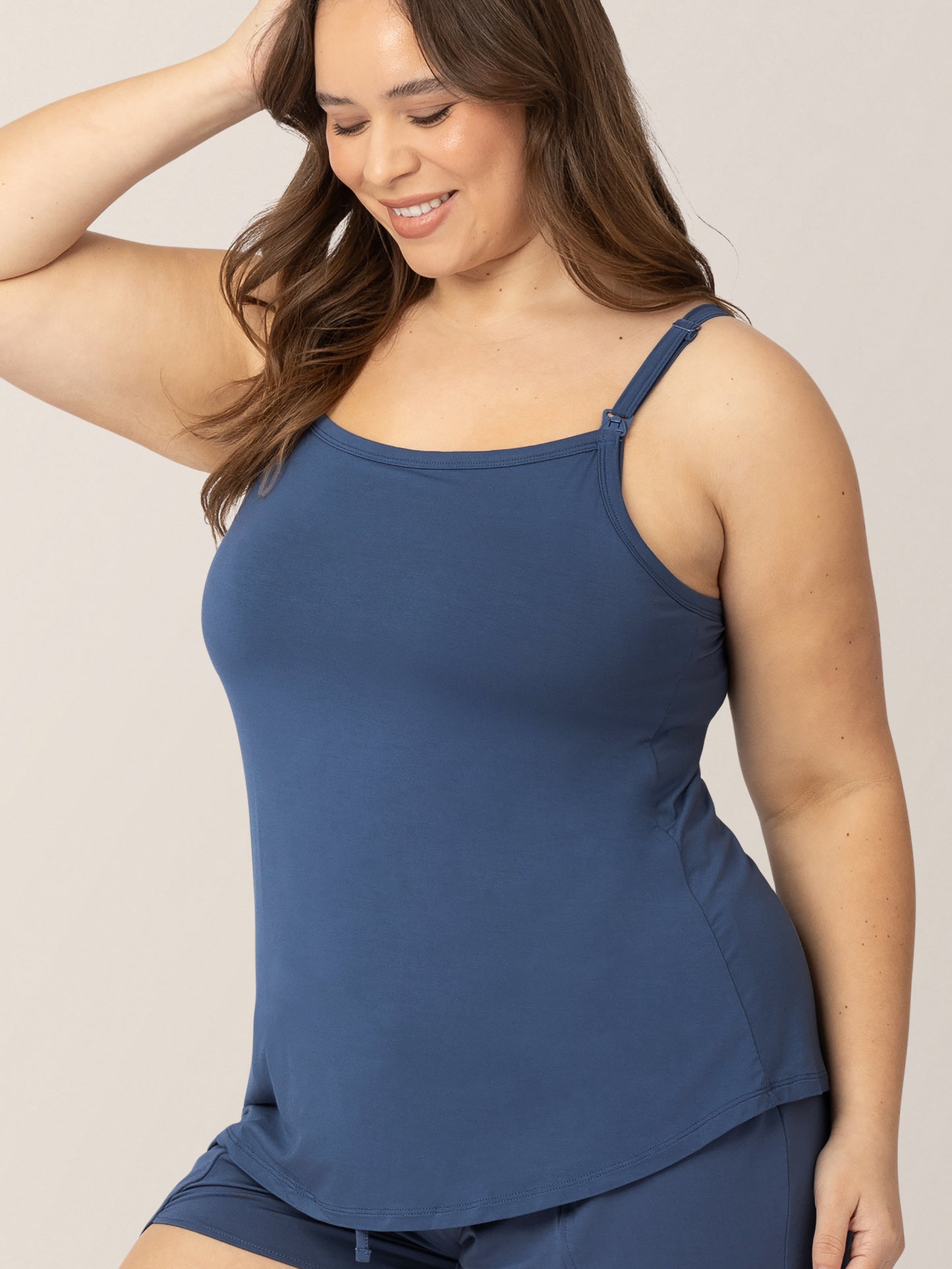 Closeup of the Bamboo Lounge Around Nursing Tank in Slate Blue.