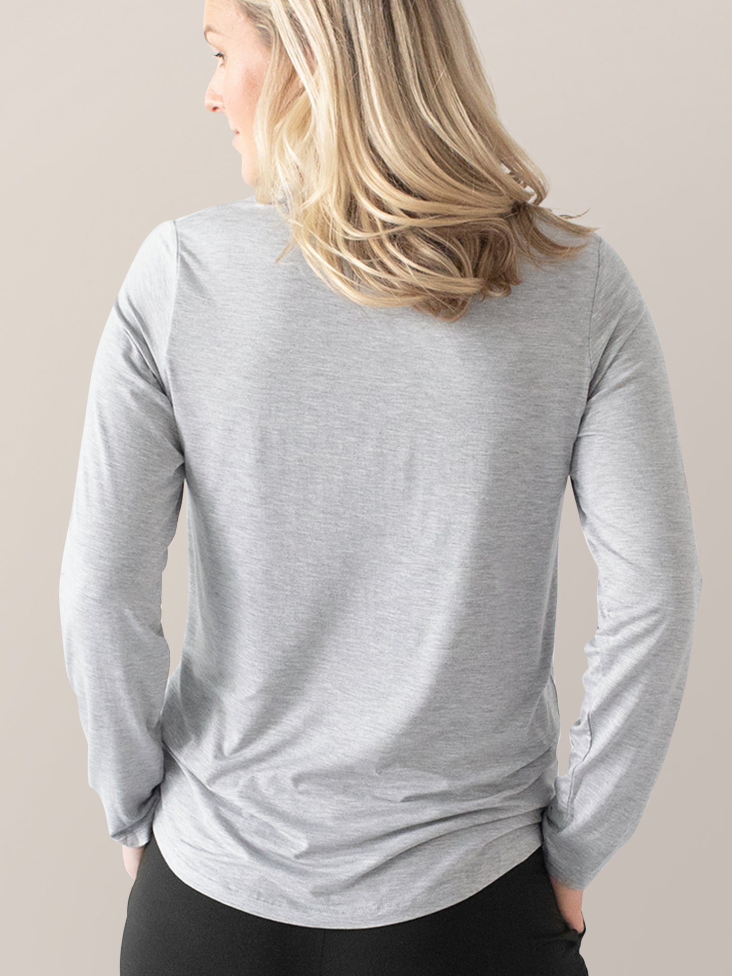 Back of a model wearing the  Bamboo Maternity & Nursing Long Sleeve T-shirt in Grey Heather