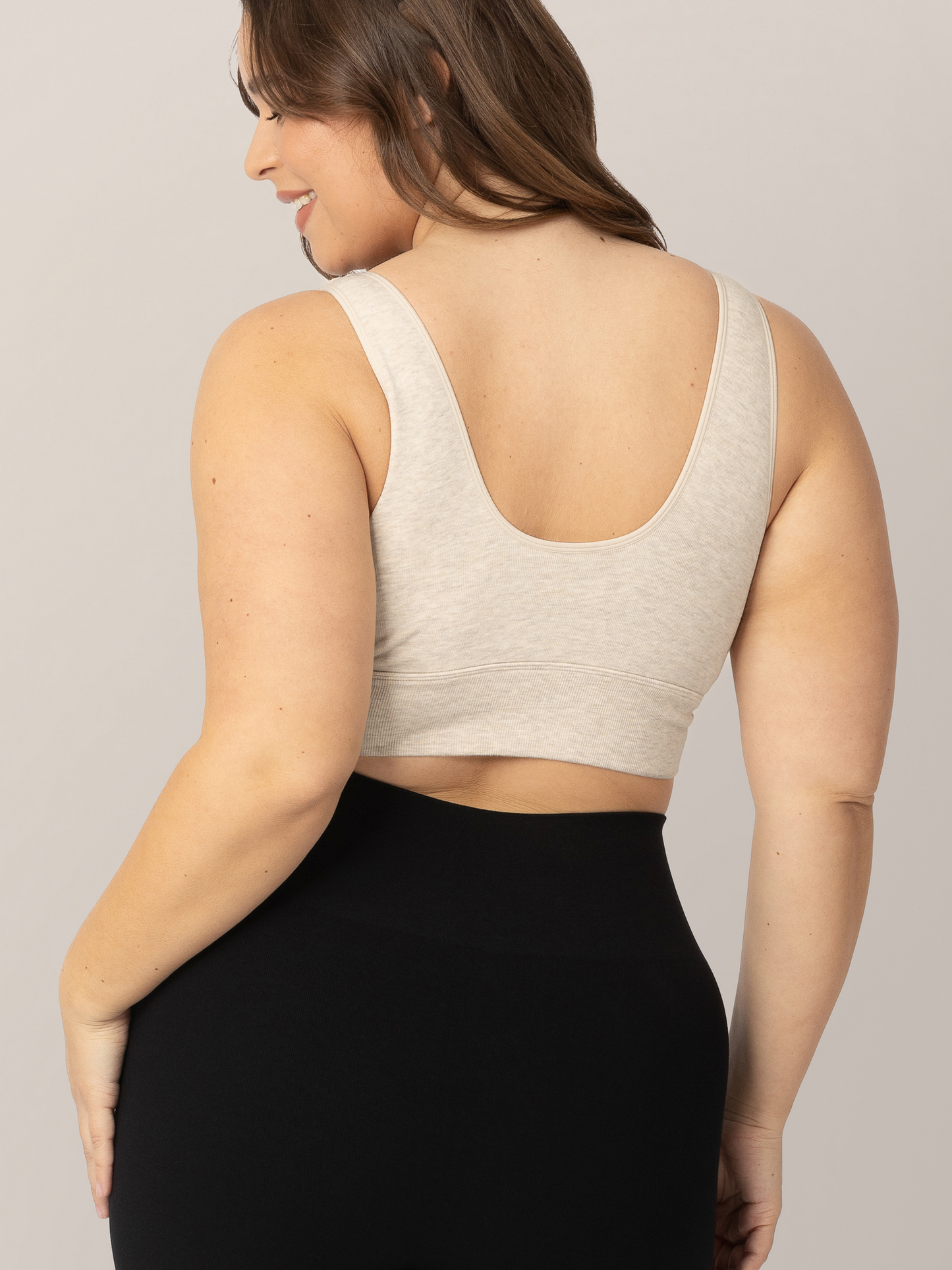 Back view of model wearing the Sublime Bamboo Nursing & Maternity Plunge Bra in Oatmeal Heather.