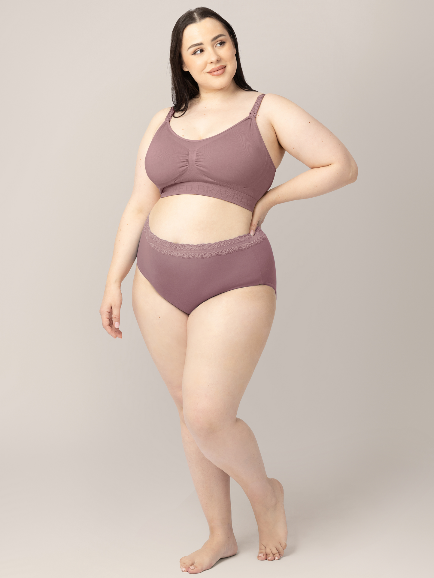 Full body shot of a model wearing the Simply Sublime® Nursing Bra in Twilight