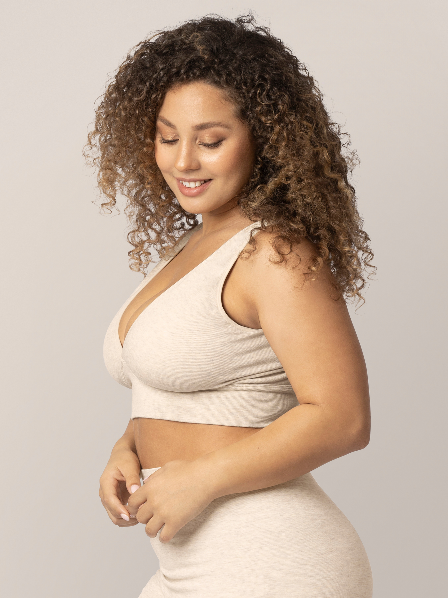 Side view of model wearing the Sublime Bamboo Maternity & Nursing Plunge Bra in Oatmeal Heather.