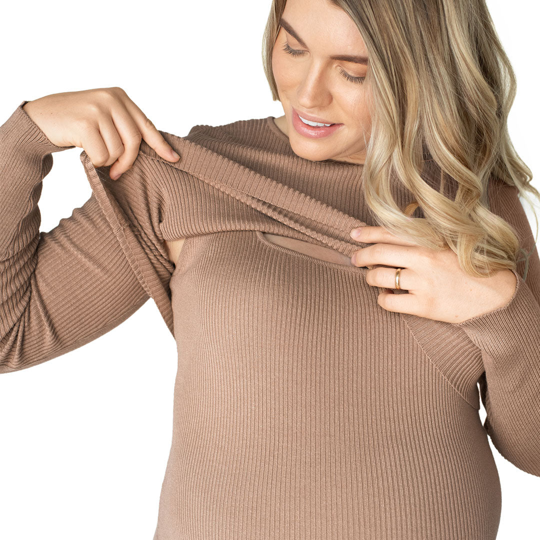 2-in-1 Nursing & Maternity Knit Midi Dress | Camel-Bottoms & Dresses-Kindred Bravely
