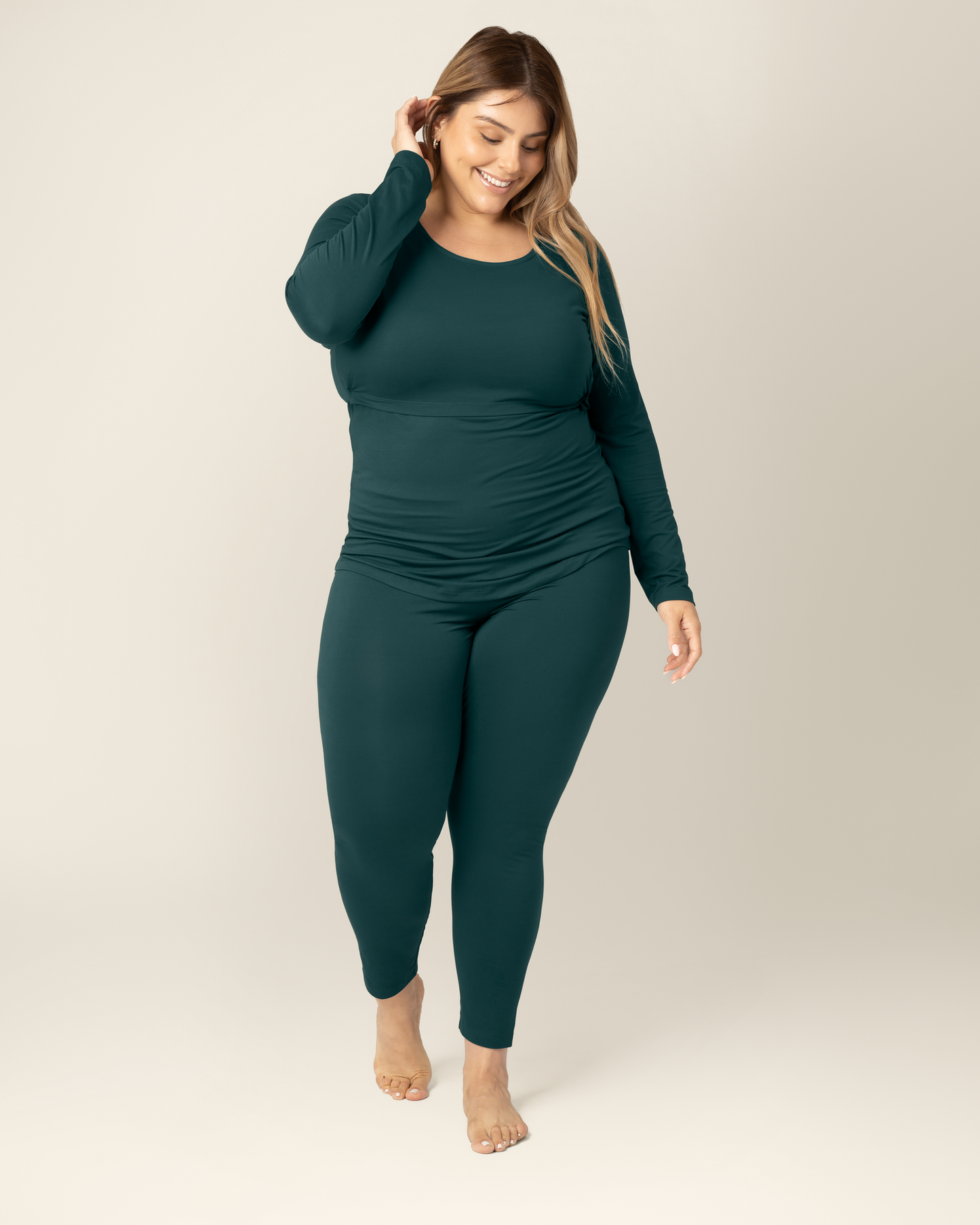 Woman wearing the Jane Nursing Pajama Set in Evergreen @model_info:Vanessa is 5'8" and wearing an X-Large.