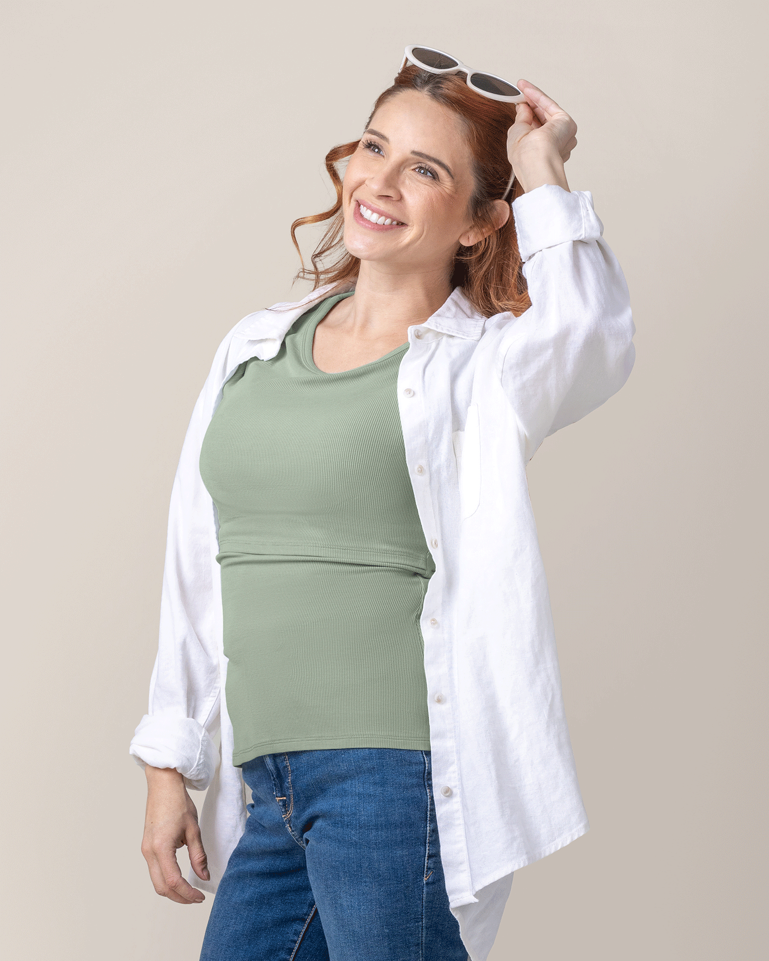 Front view of model wearing Ribbed Bamboo Crew Neck Nursing T-shirt in Aqua Mist