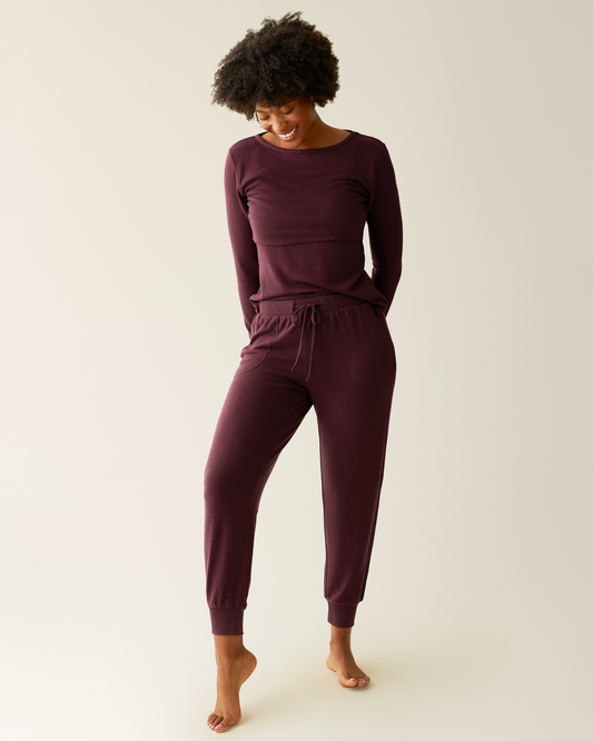 Front view of model wearing CozyKnit Nursing Pajama & Lounge Set in Deep Burgundy @model_info:Kyra is wearing a Small.