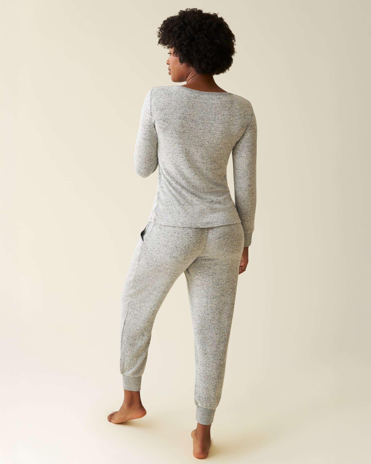 Back view of model wearing CozyKnit Nursing Pajama & Lounge Set in Grey Heather