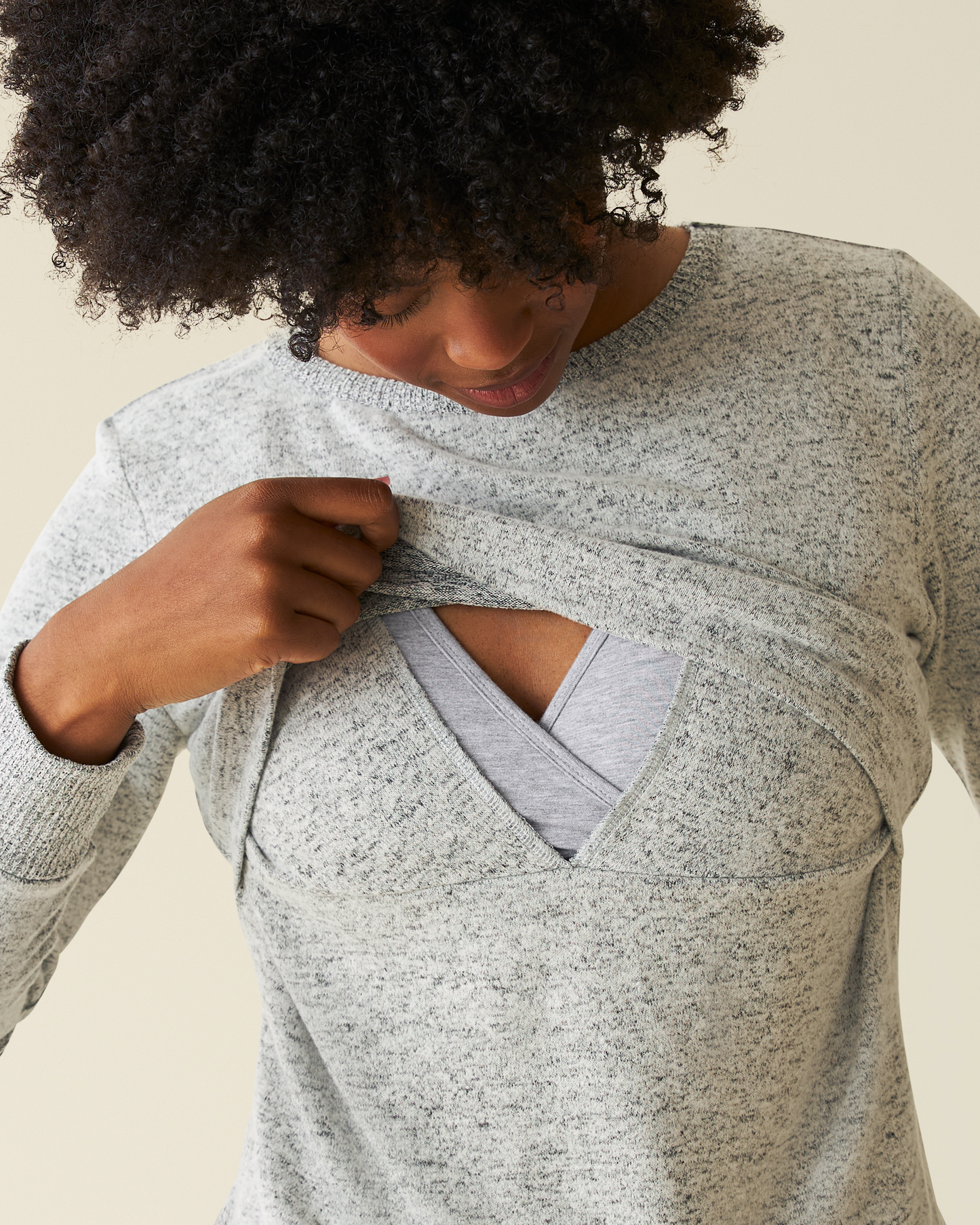 Model showing nursing functionality on CozyKnit Nursing Pajama & Lounge Set in Grey Heather