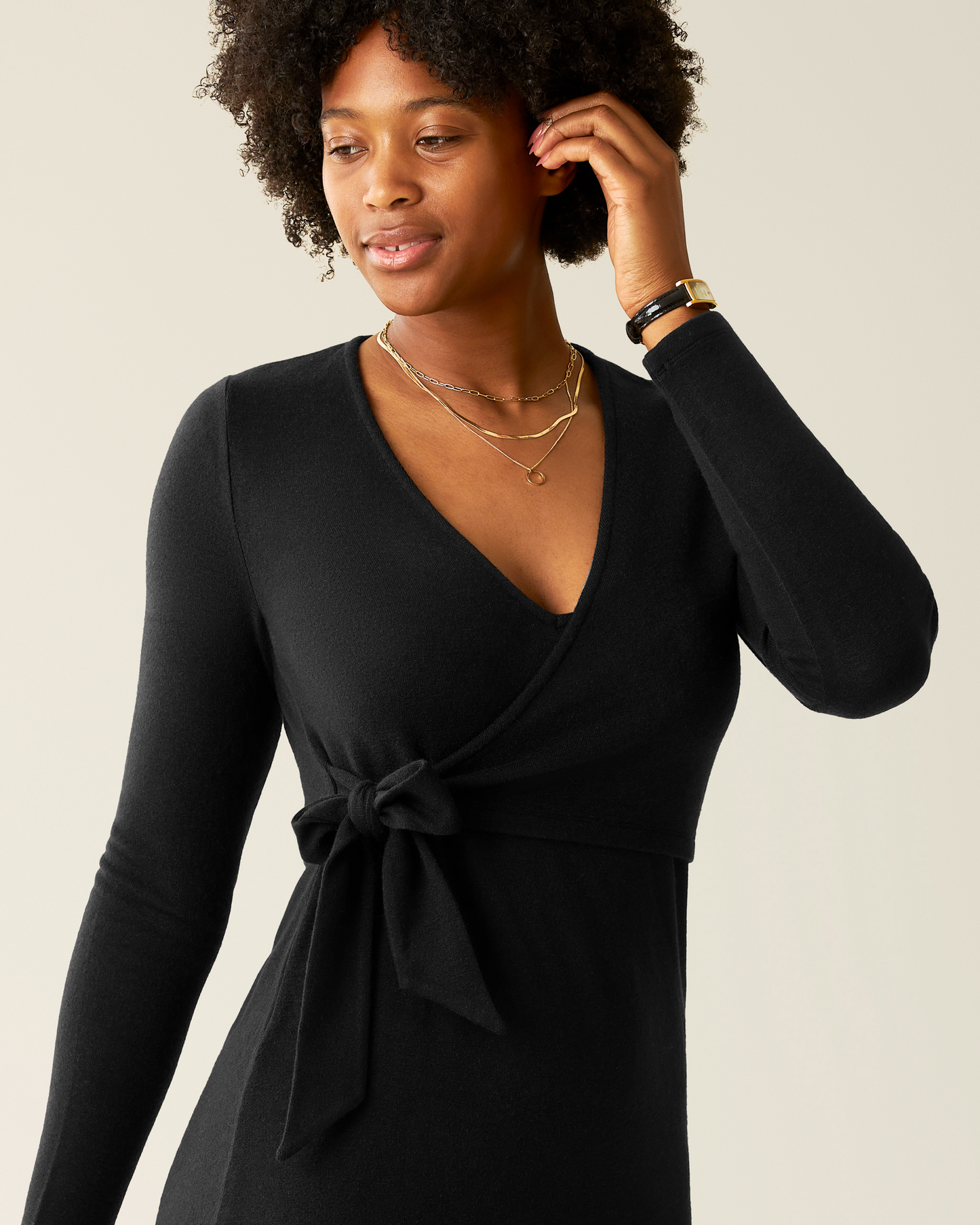 Model wearing Kate Nursing Wrap Sweater Dress in Black