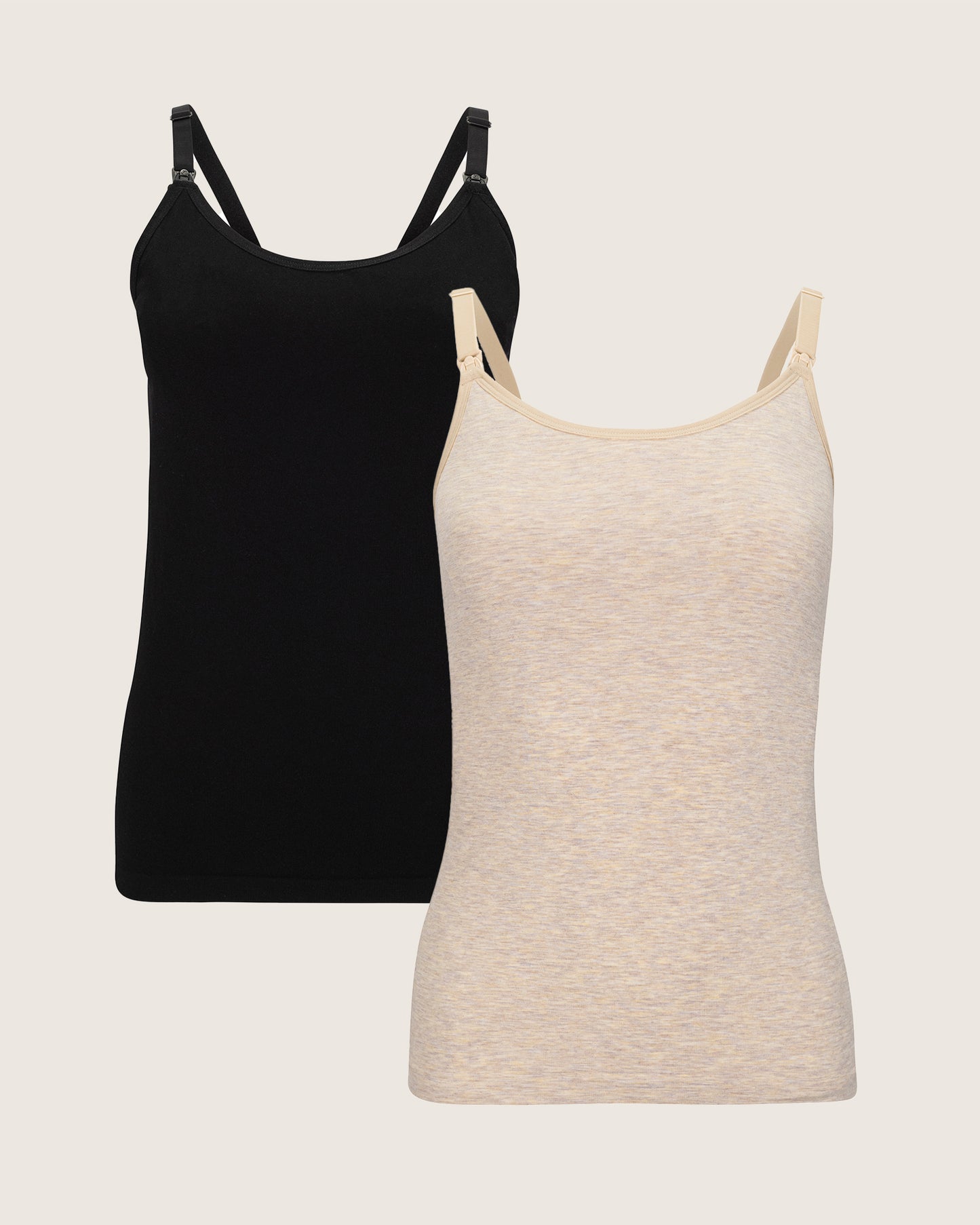 Black and beige camisoles on a light gray background