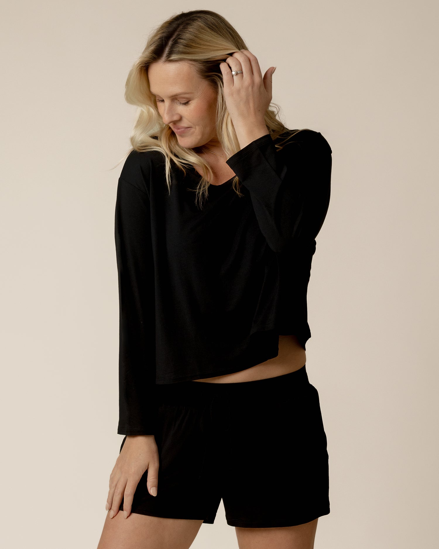 Model wearing the Aria Bamboo Casual Cropped Long Sleeve Top in Black, paired with matching Aria Bamboo Casual Lounge Short