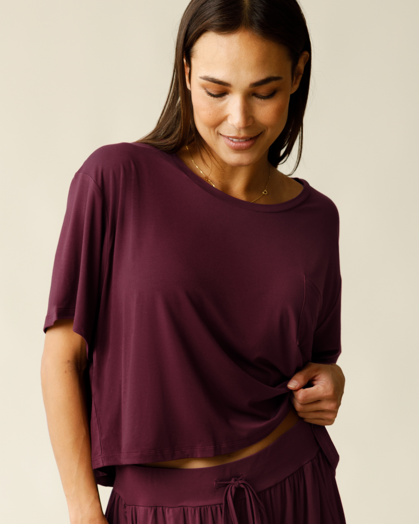 Front view of woman wearing the Aria Bamboo Casual Cropped Short Sleeve Top in Deep Burgundy @model_info:Lisa is wearing a Small.