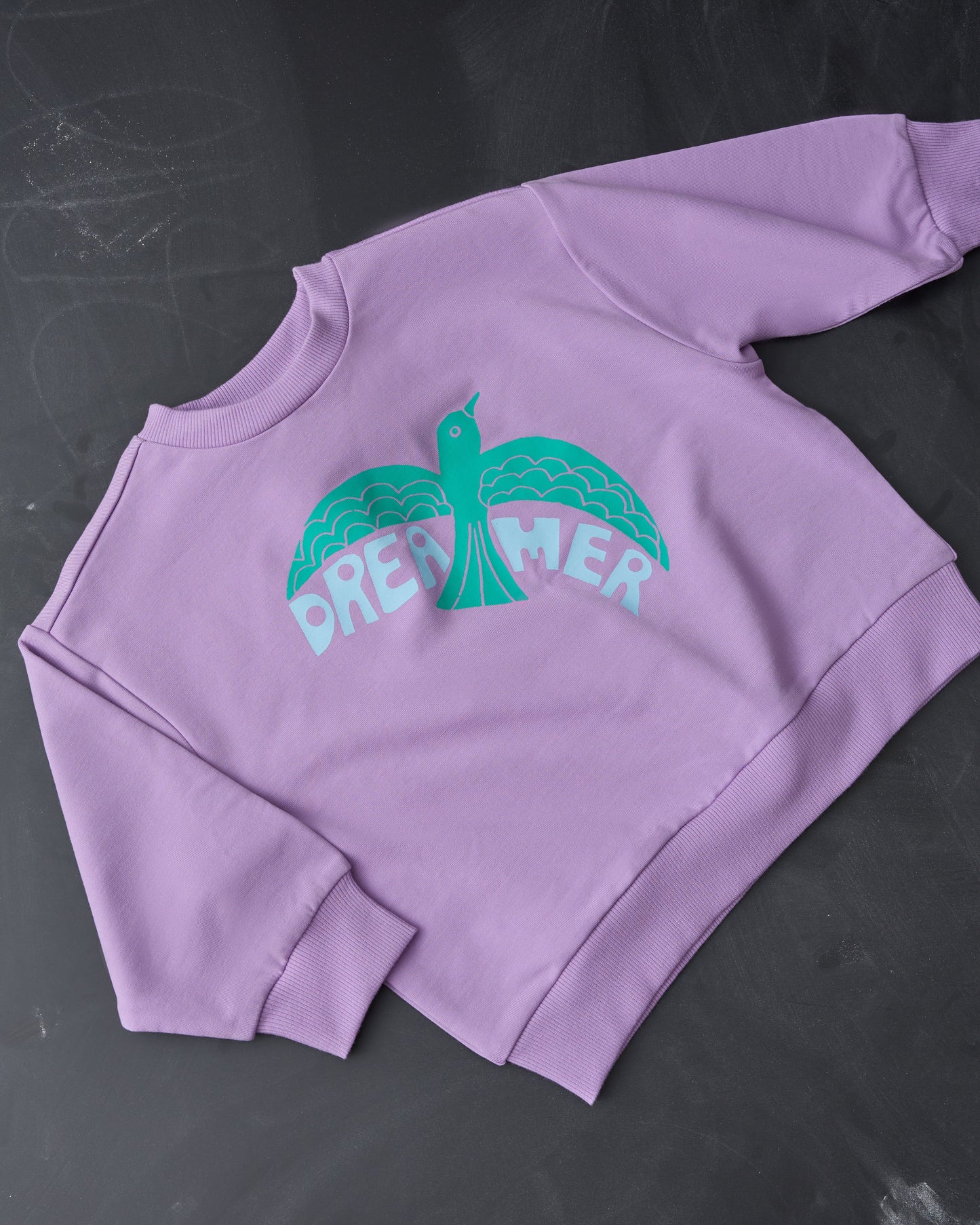 Graphic Sweatshirt in Purple Bird on a black chalkboard background.