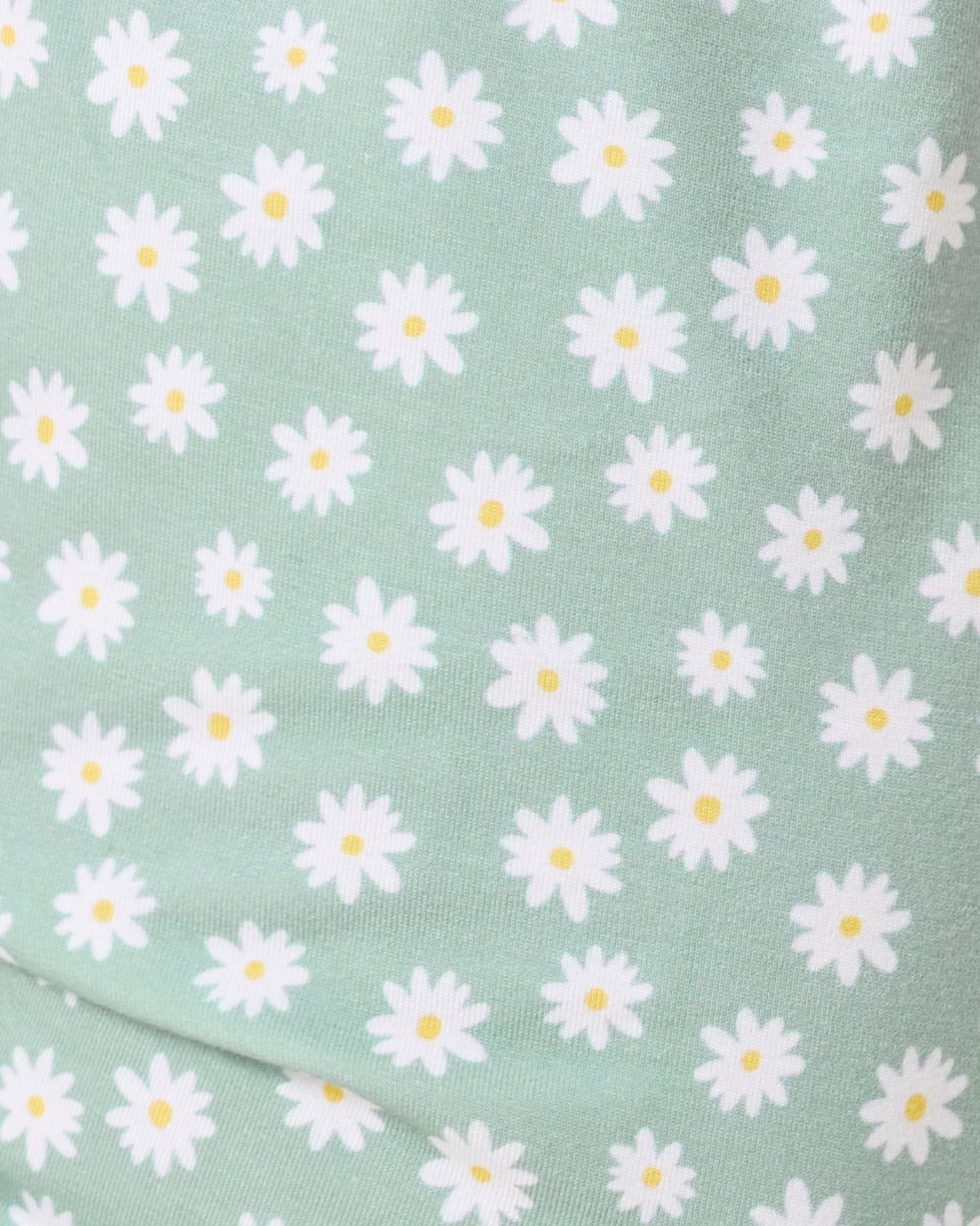Close up of Baby wearing the Bamboo Baby Two-Piece Pajama Set in Sage Daisies print