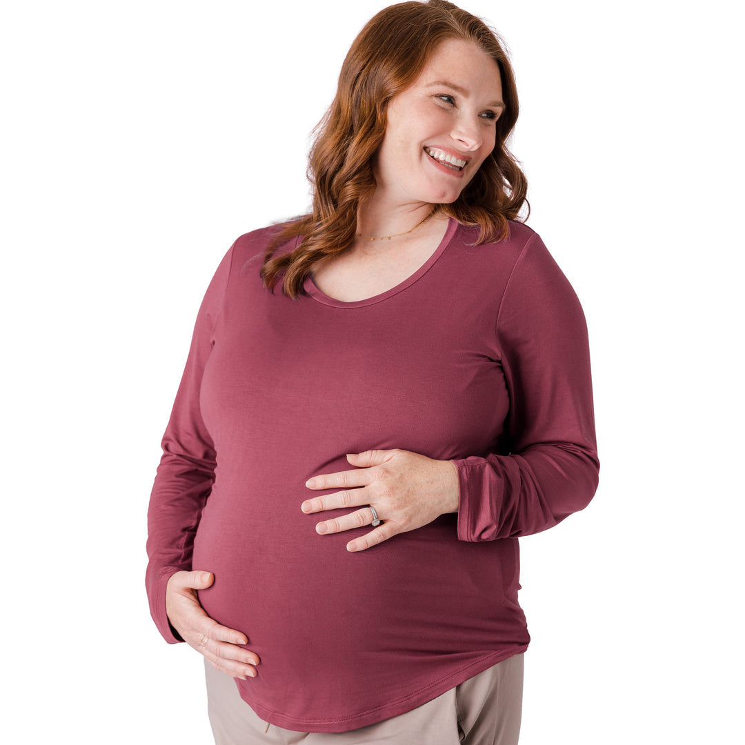 Bamboo Nursing & Maternity Long Sleeve T-shirt | Maroon-Tops-Kindred Bravely