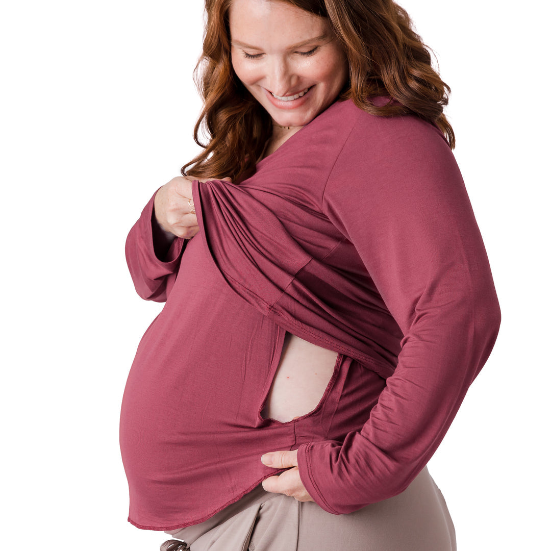 Bamboo Nursing & Maternity Long Sleeve T-shirt | Maroon-Tops-Kindred Bravely