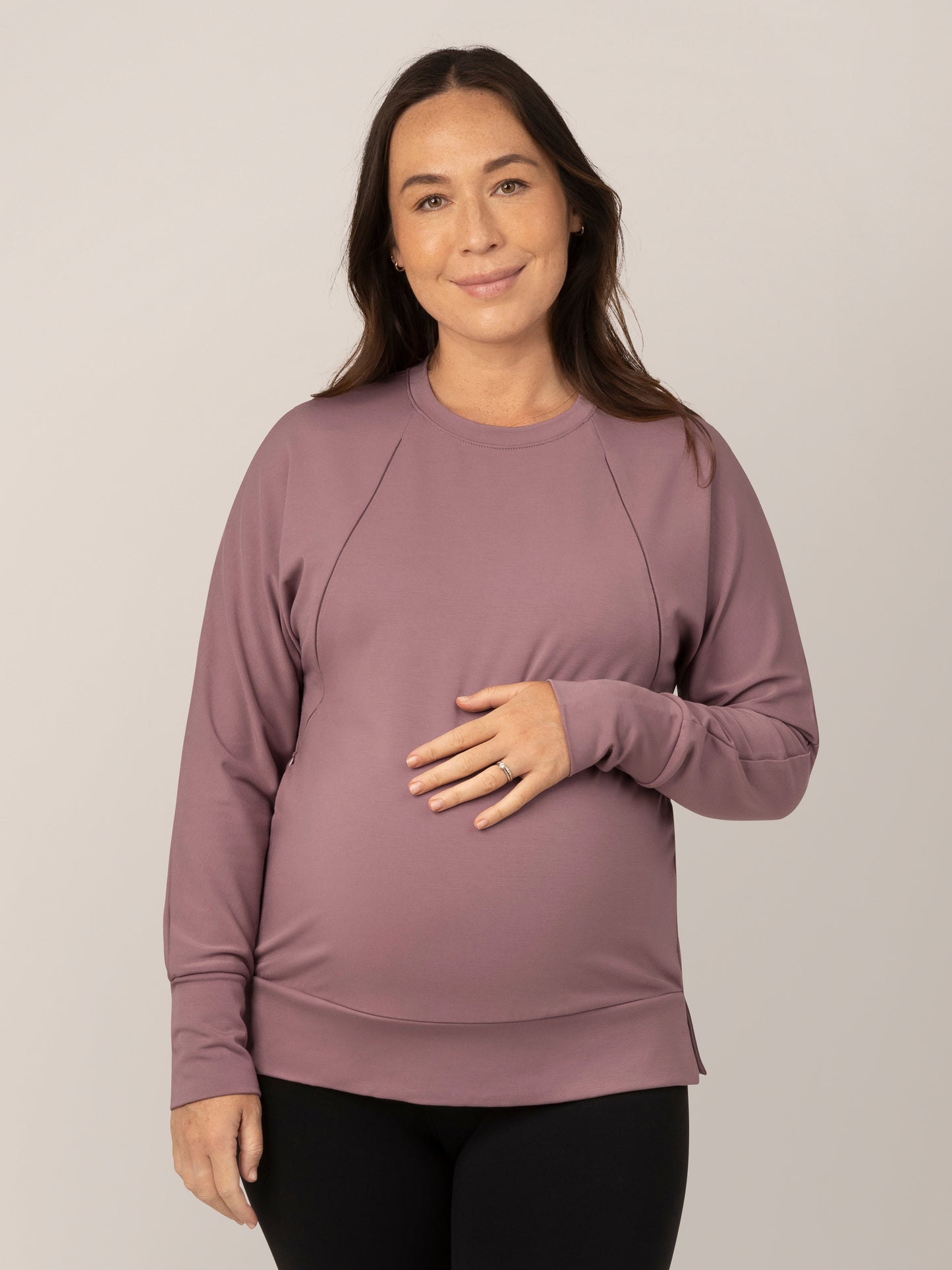 Front view of pregnant model wearing the Bamboo Maternity & Nursing Crew Neck Sweatshirt in Twilight.@model_info:Susanna is wearing a Medium.