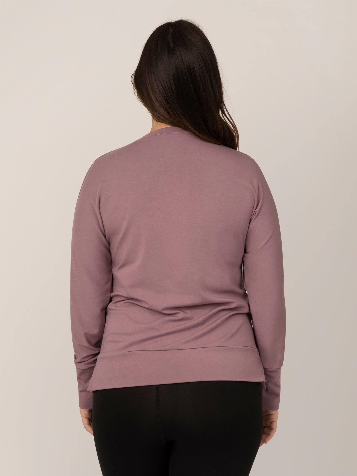 Back view of pregnant model wearing the Bamboo Maternity & Nursing Crew Neck Sweatshirt in Twilight.