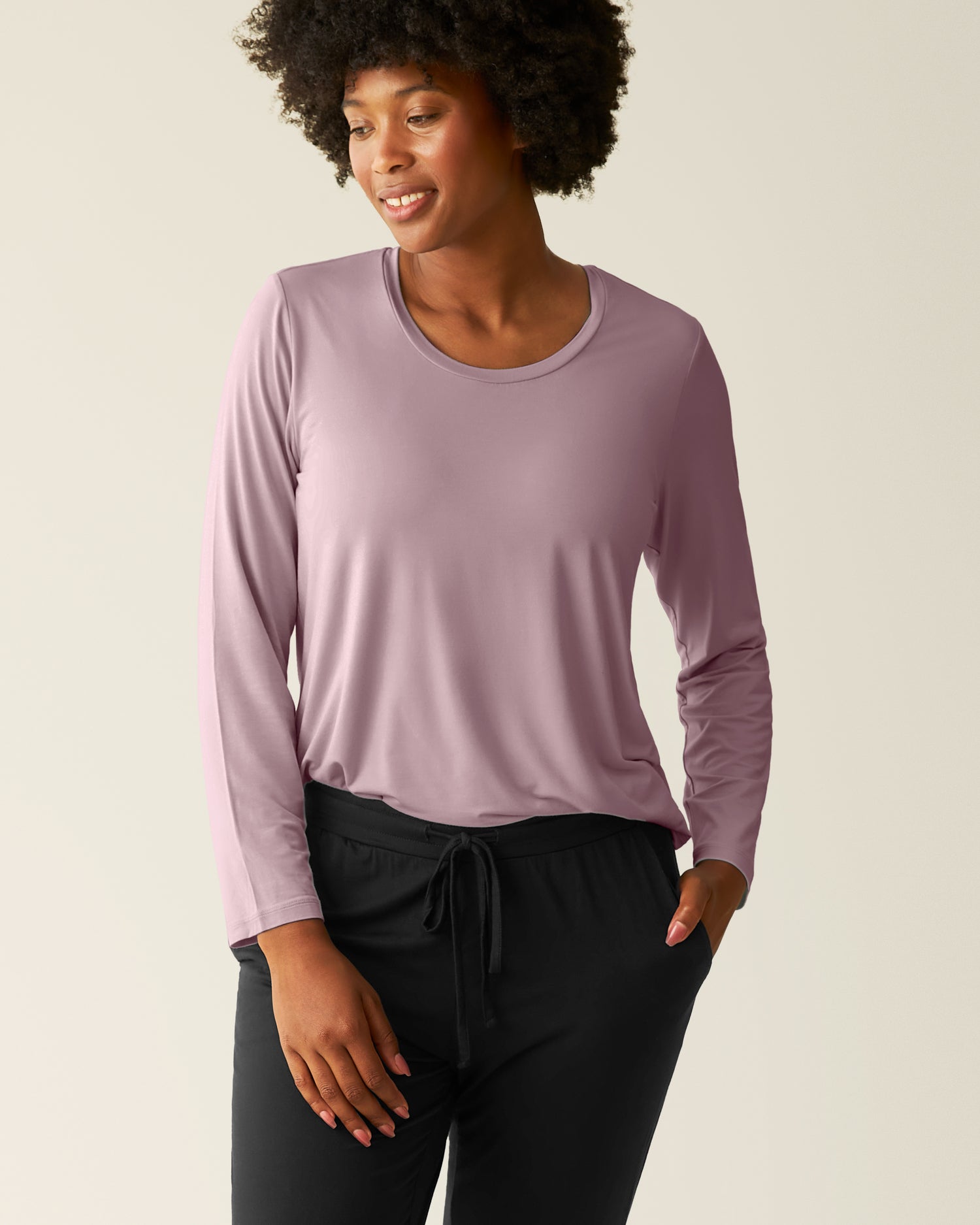 Woman wearing the Bamboo Maternity & Nursing Long Sleeve T-shirt in Dusty Mauve, tucked in