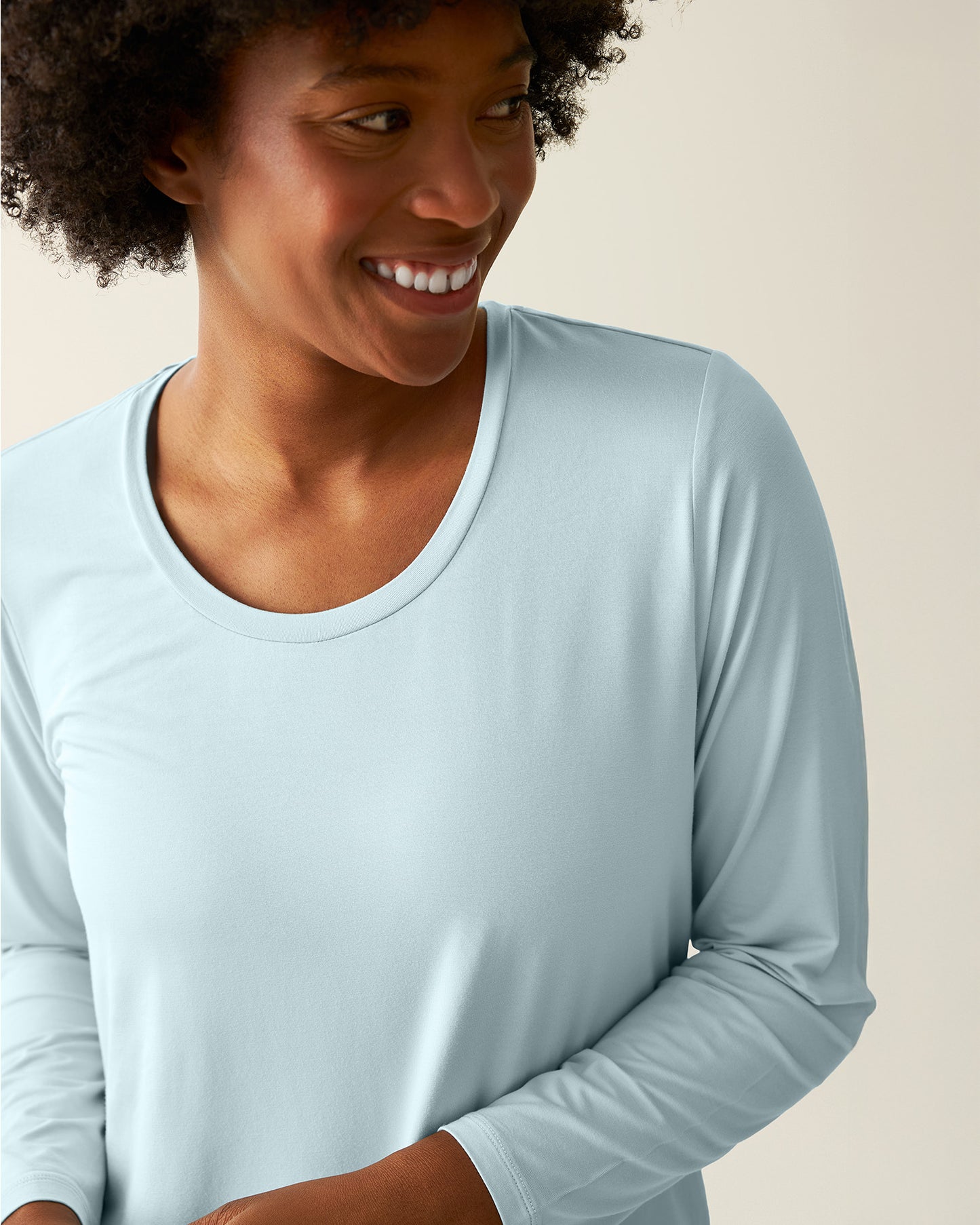 Close-up of woman wearing the Bamboo Maternity & Nursing Long Sleeve T-shirt in Powder Blue