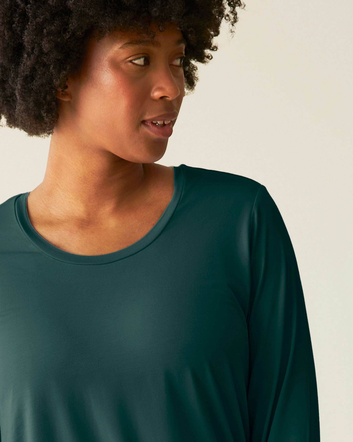 Close-up of woman wearing the Bamboo Maternity & Nursing Long Sleeve T-shirt in Evergreen