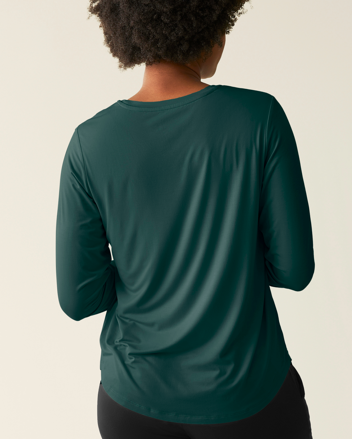 Back of woman wearing the Bamboo Maternity & Nursing Long Sleeve T-shirt in Evergreen