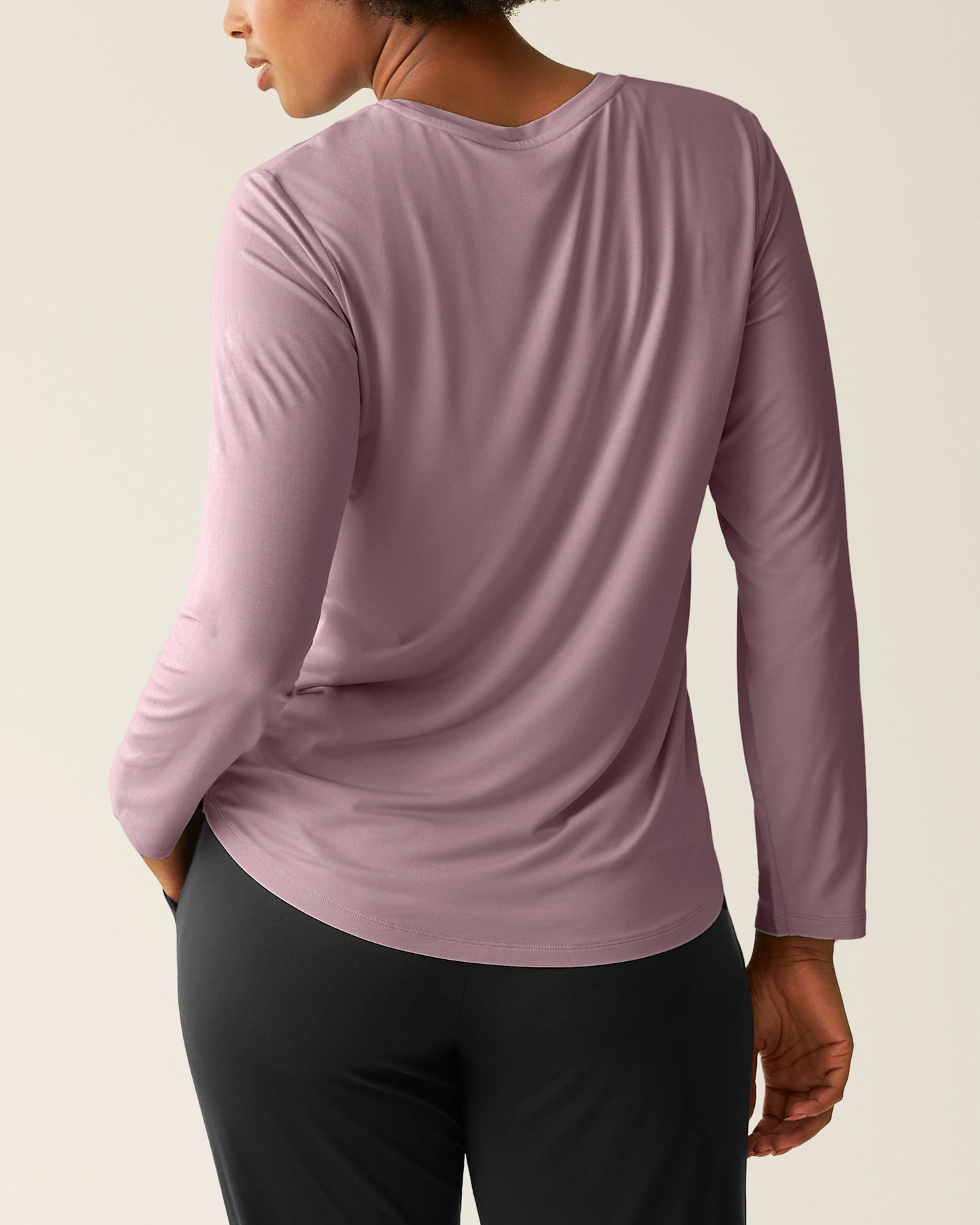 Back of woman wearing the Bamboo Maternity & Nursing Long Sleeve T-shirt in Dusty Mauve