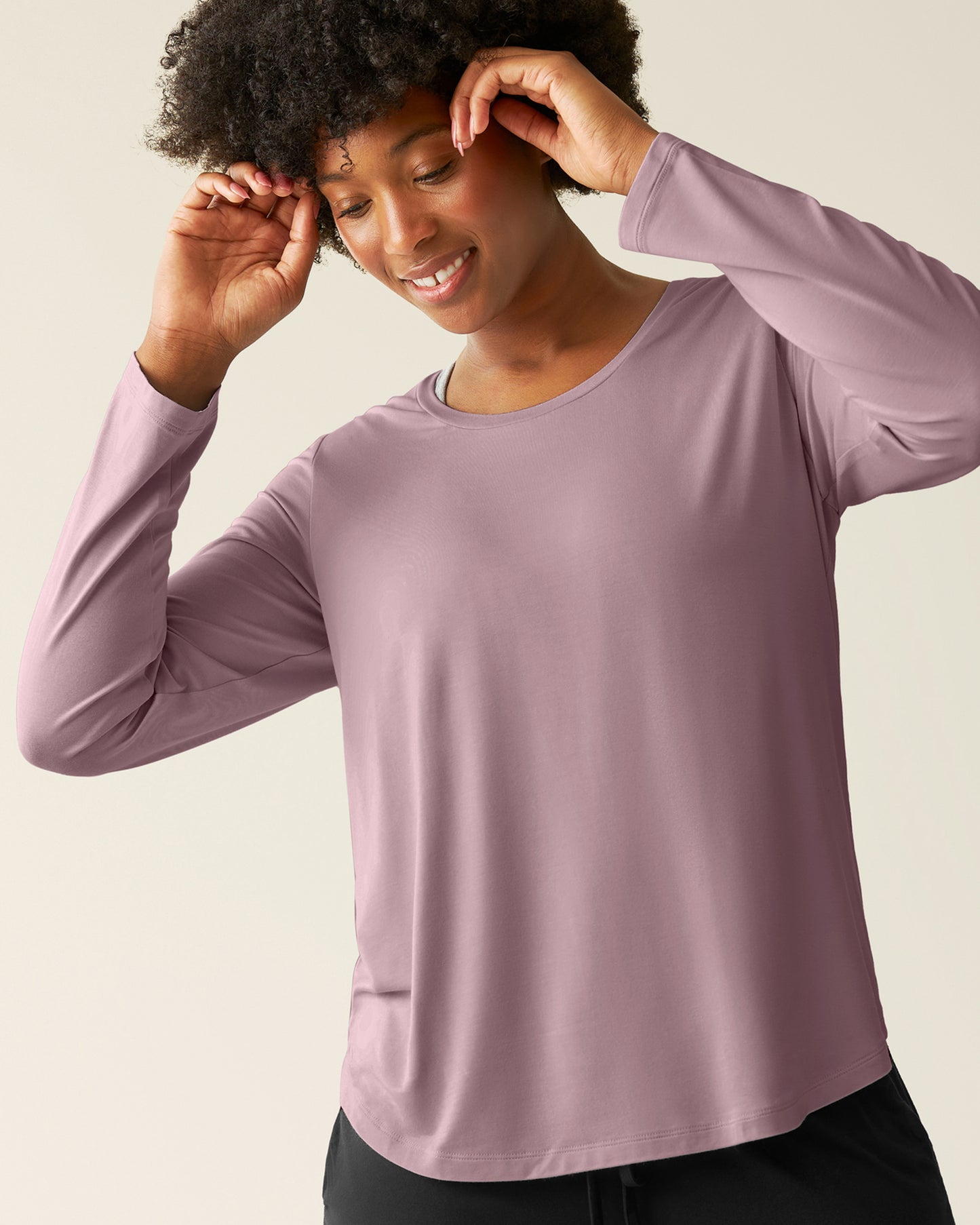 Woman wearing the Bamboo Maternity & Nursing Long Sleeve T-shirt in Dusty Mauve @model_info:Kyra is wearing a Small.