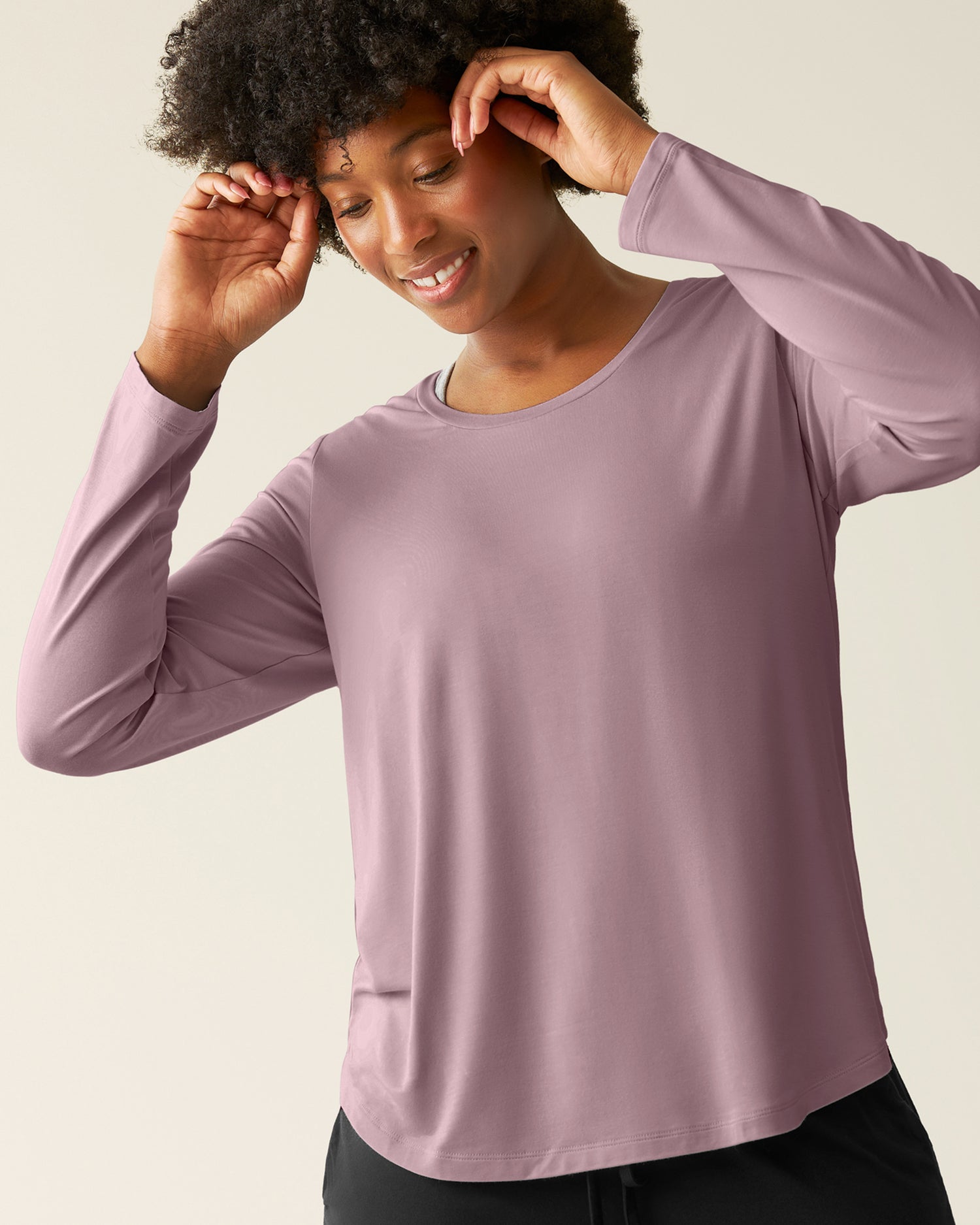 Woman wearing the Bamboo Maternity & Nursing Long Sleeve T-shirt in Dusty Mauve @model_info:Kyra is wearing a Small.