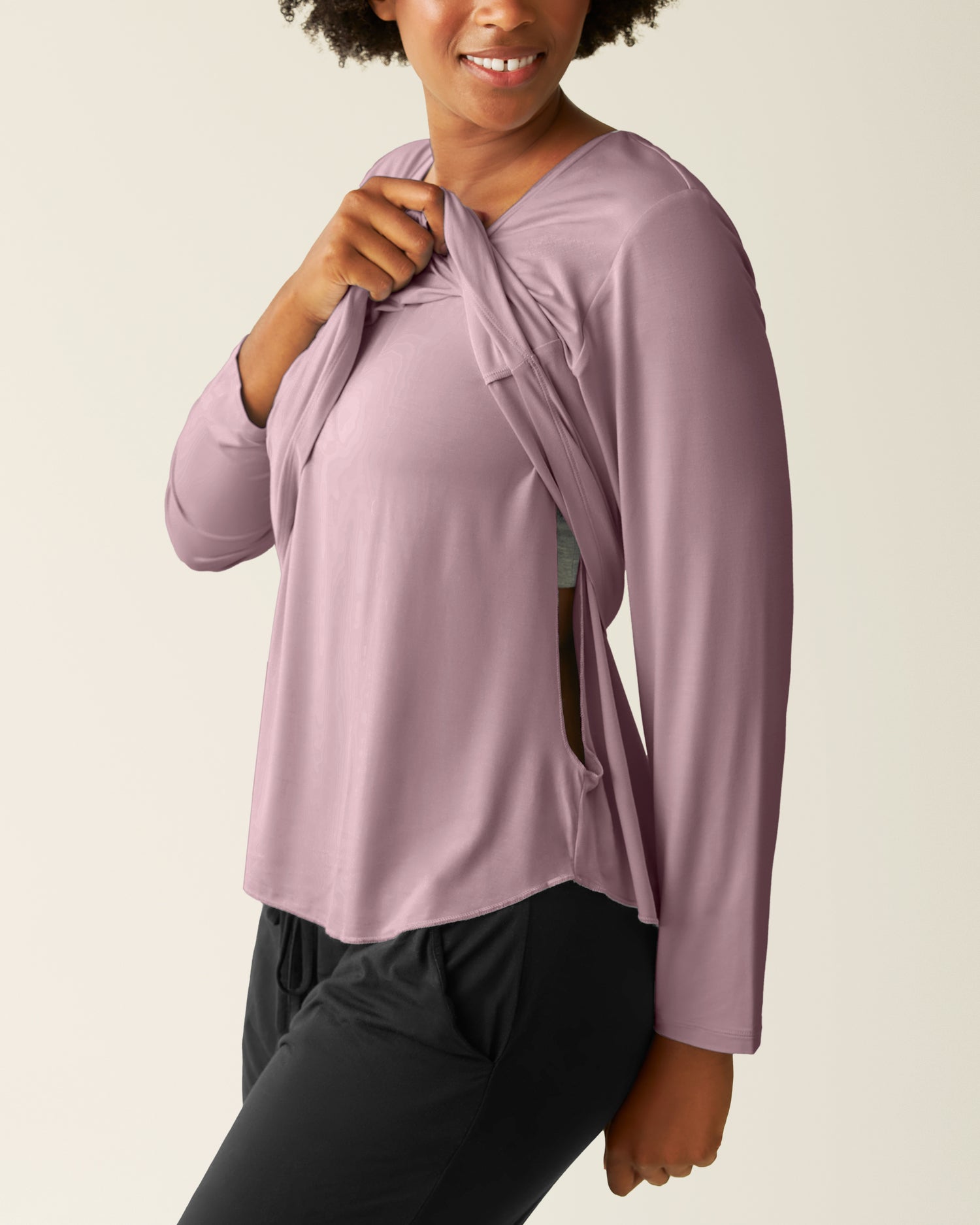 Woman wearing the Bamboo Maternity & Nursing Long Sleeve T-shirt in Dusty Mauve, showing hidden nursing access