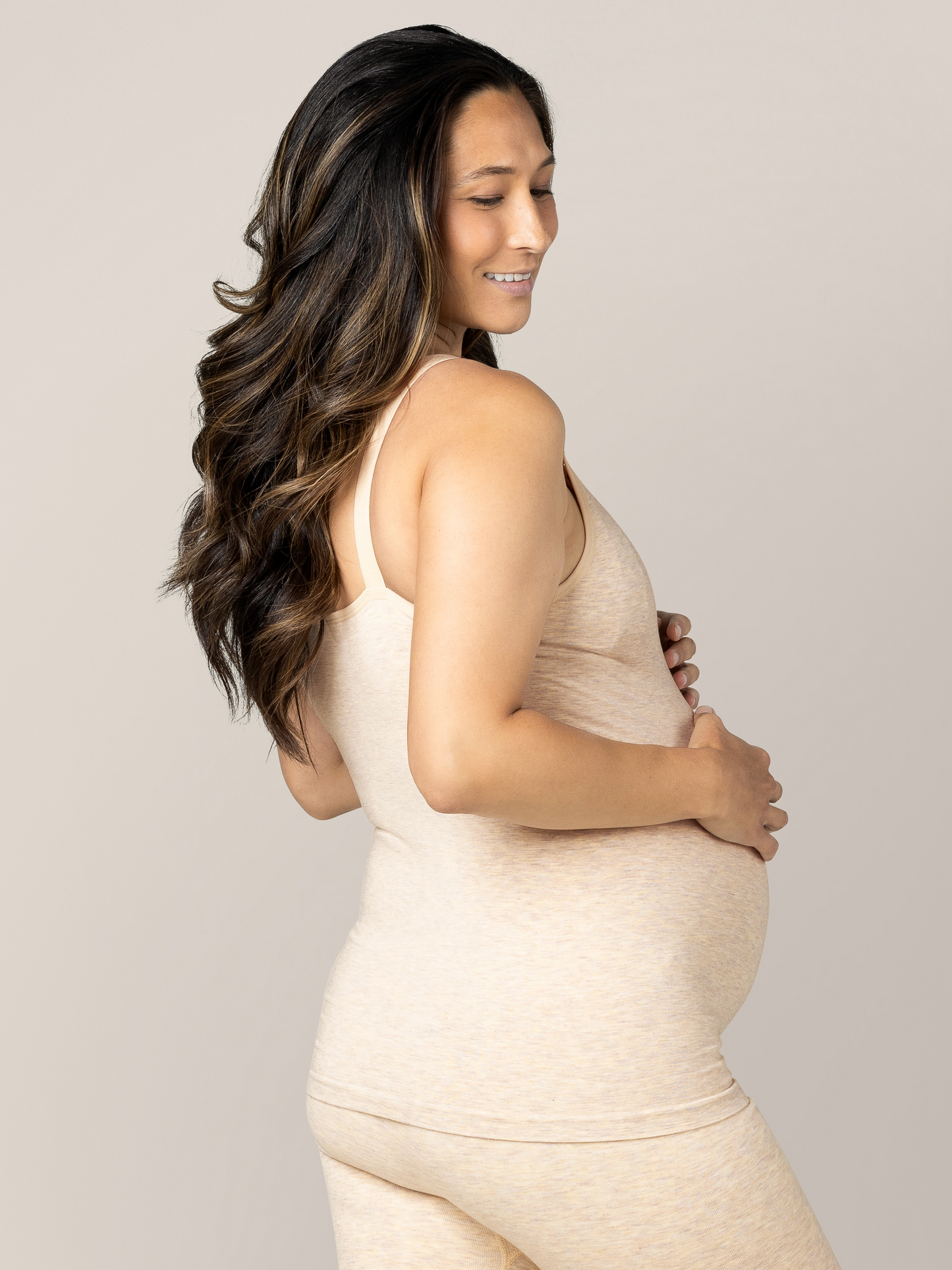 Model wearing the Sublime® Bamboo Hands-Free Pumping & Nursing Camisole in Oatmeal Heather