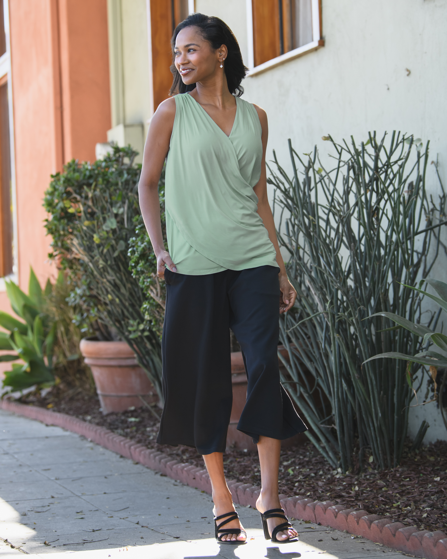 Front view of model wearing the Bamboo Draped Nursing Tank in Aqua Mist, paired with Evie Maternity & Postpartum Pull-On Cropped Pant@model_info:Alie is wearing a Small.
