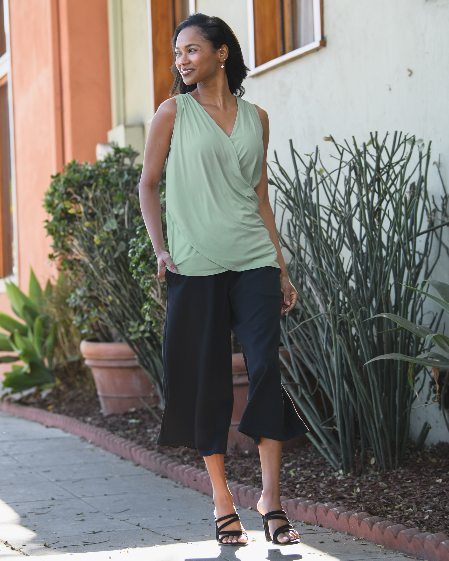 Front view of model wearing the Bamboo Draped Nursing Tank in Aqua Mist, paired with Evie Maternity & Postpartum Pull-On Cropped Pant@model_info:Alie is wearing a Small.