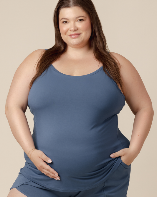 Front view of model wearing the Bamboo Lounge Around Nursing Tank in Slate Blue @model_info:Sam is wearing a 2X.