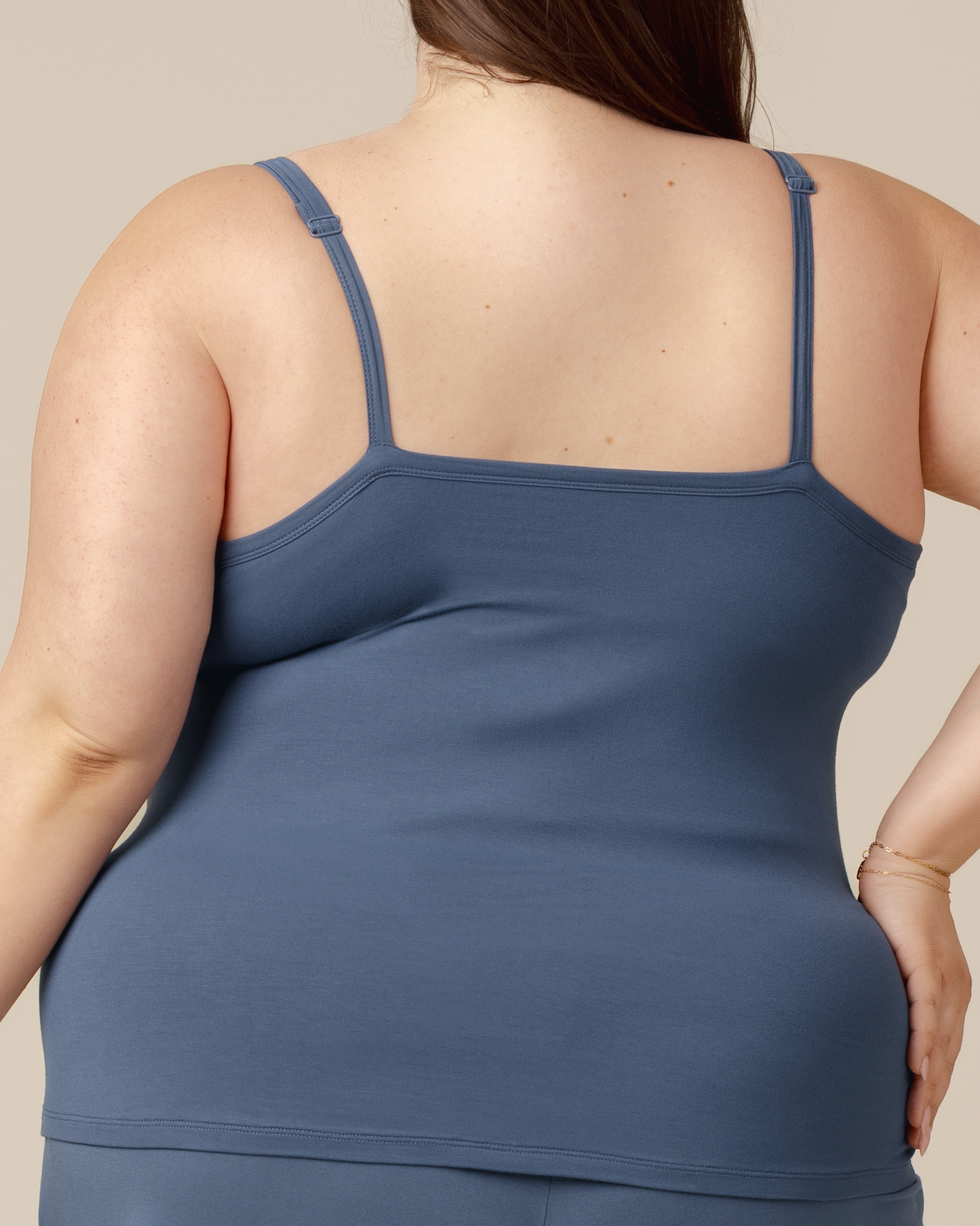 Back view of model wearing the Bamboo Lounge Around Nursing Tank in Slate Blue