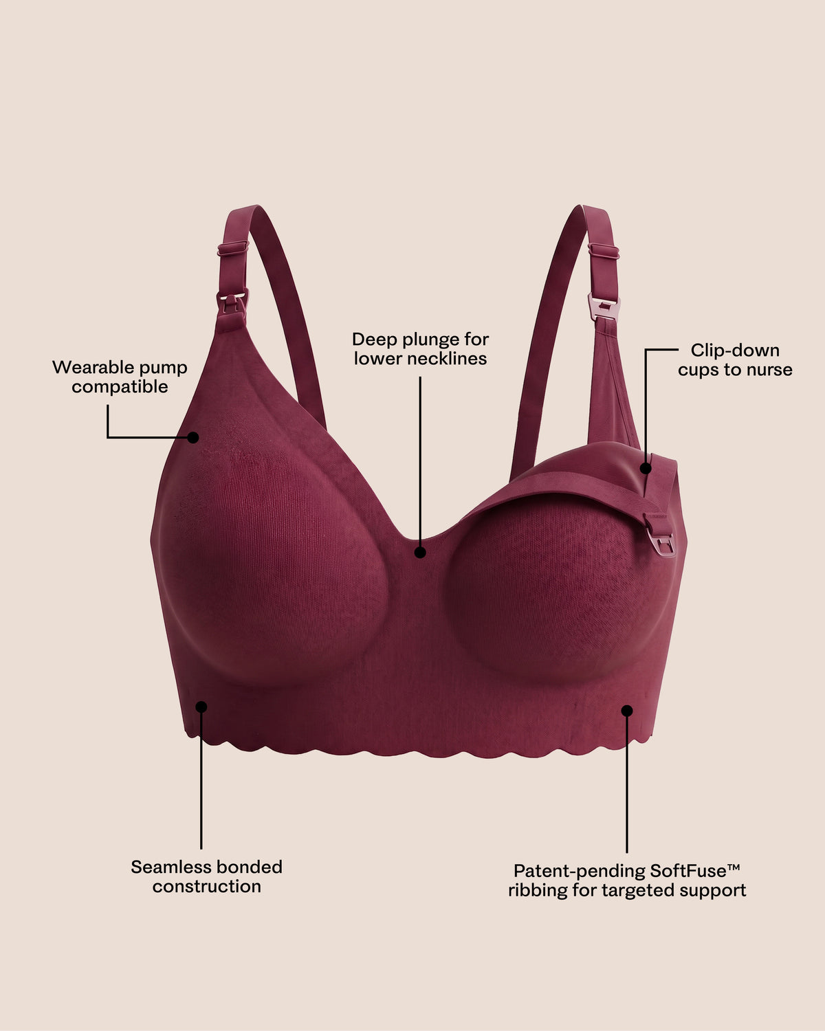 BareBond™ Cotton Maternity & Nursing Plunge Bra in Garnet on a beige background with black callout lines and text labels describing features such as wearable pump compatibility, deep plunge for lower necklines, clip-down cups for a nurse, seamless bonded construction, and SoftFuse ribbing.