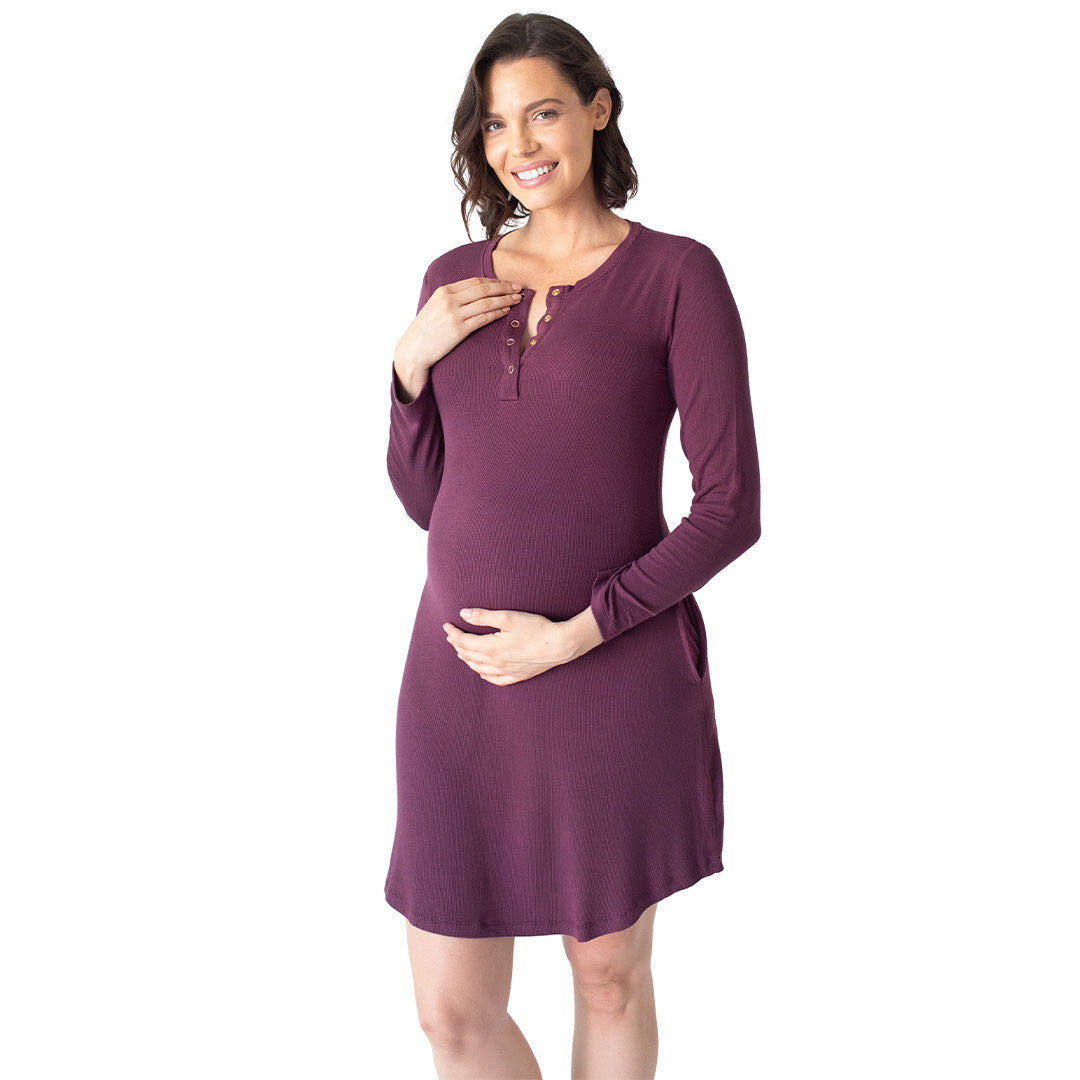 Pregnant model wearing the Betsy Ribbed Bamboo Maternity & Nursing Nightgown holding her pregnant belly. 