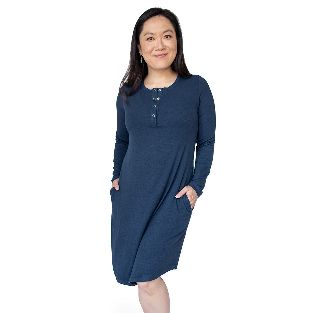 Model standing with he rhands in the pockets of the Betsy Ribbed Bamboo Maternity & Nursing Nightgown @model_info:Tiffany is wearing a Small.
