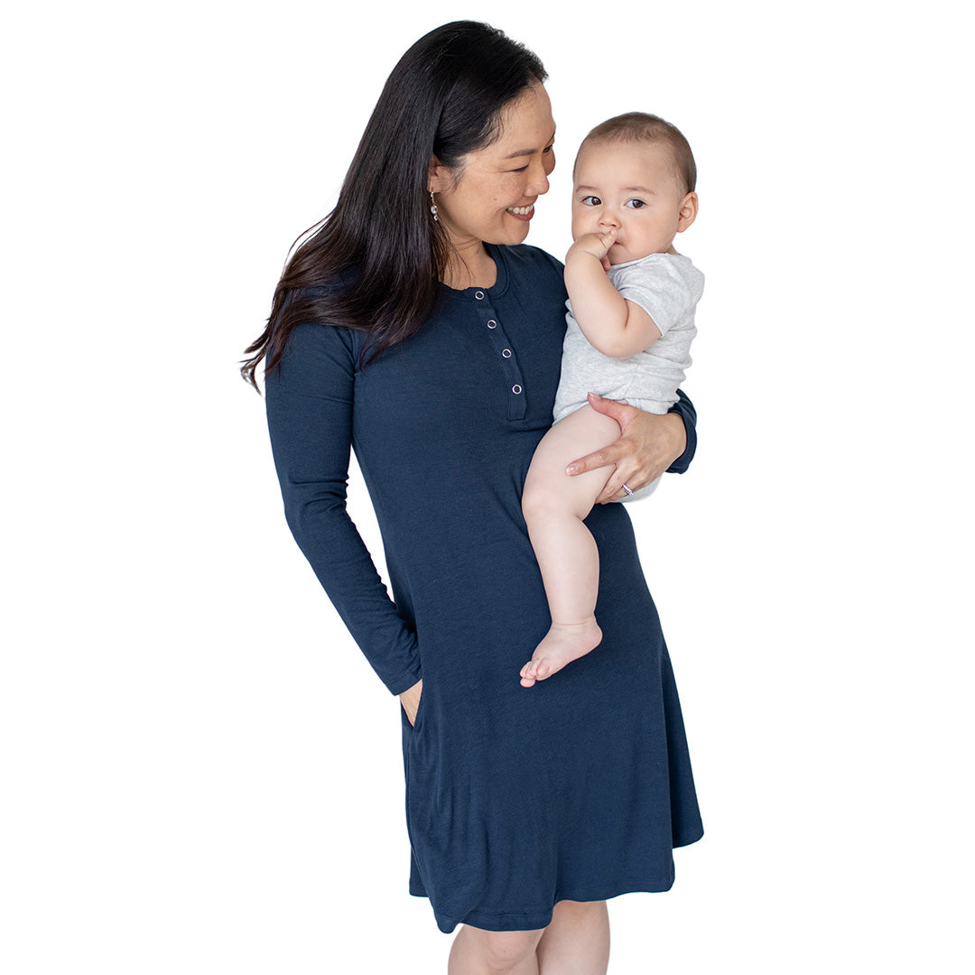 Model with her baby on her hip wearing the Betsy Ribbed Bamboo Maternity & Nursing Nightgown