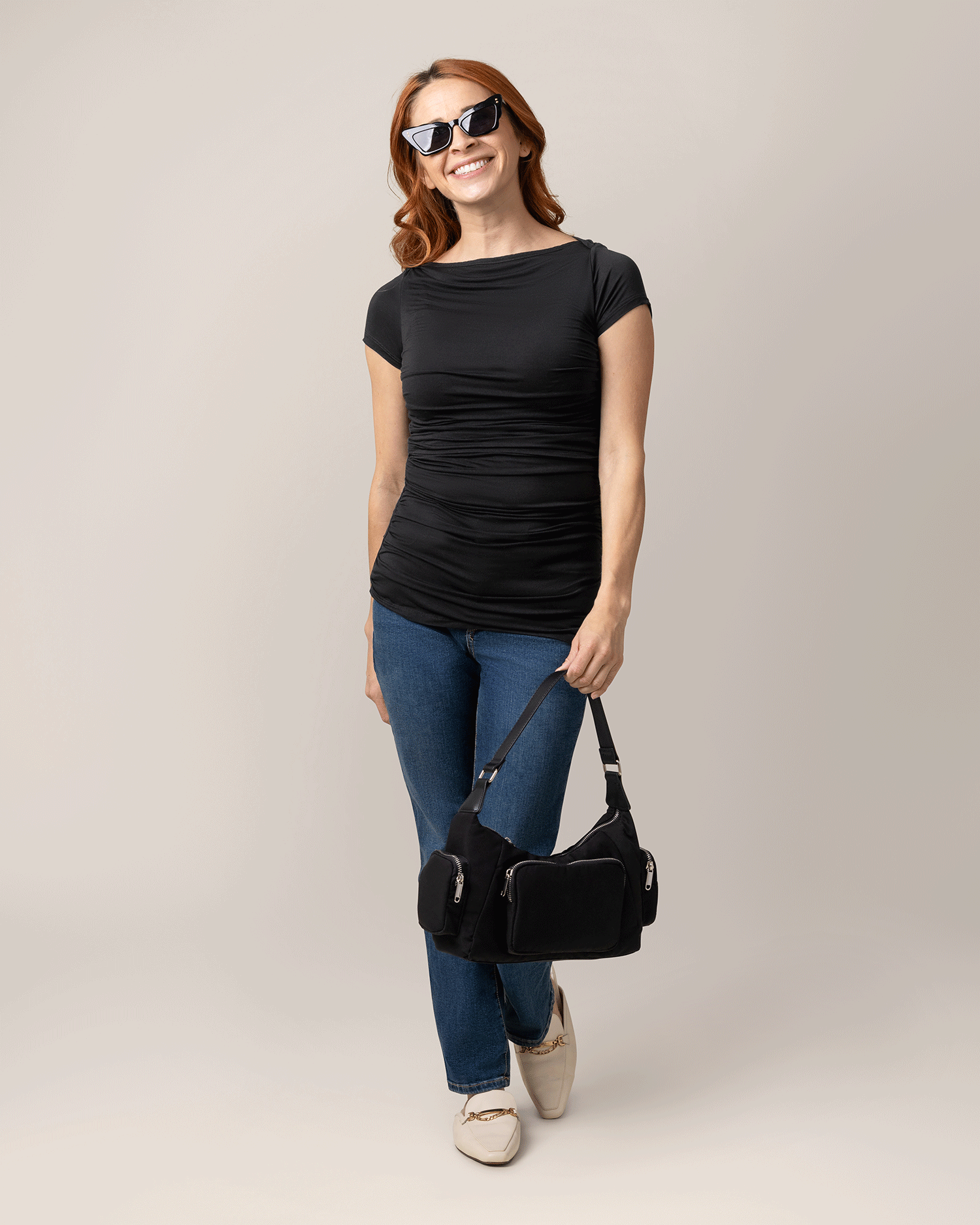 Front view of model wearing Kiera Boat Neck Maternity & Nursing Top in Black