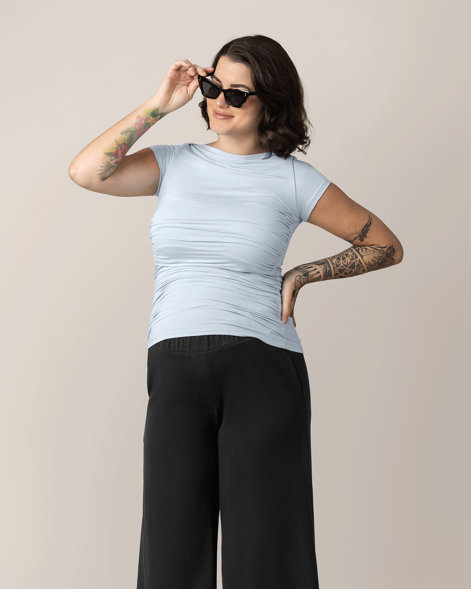 Front view of model wearing Kiera Boat Neck Maternity & Nursing Top in French Blue