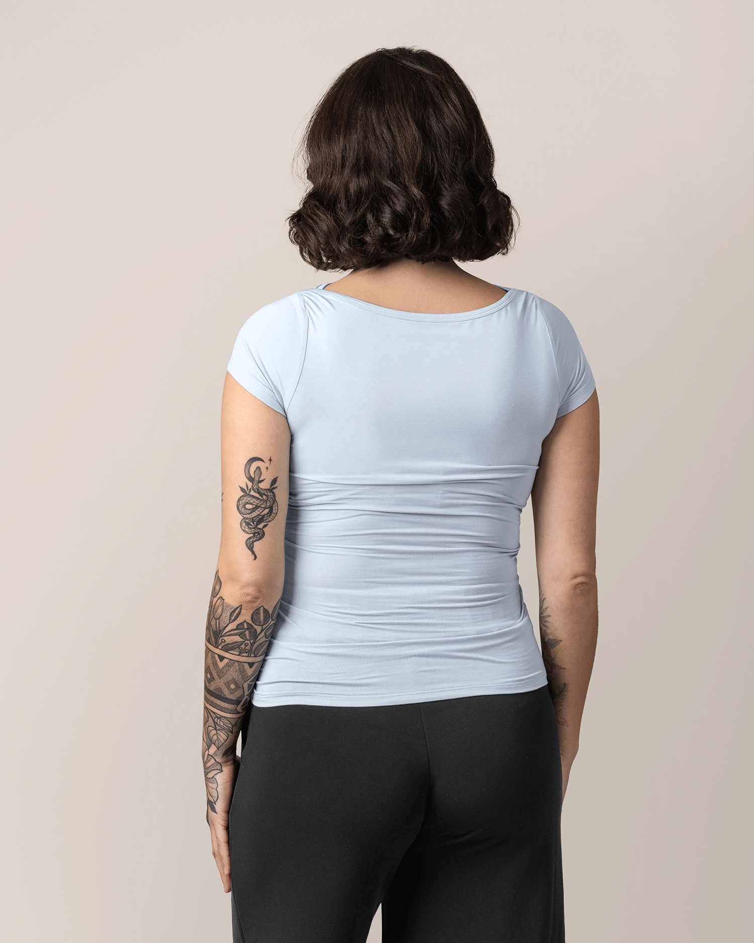 Back view of model wearing Kiera Boat Neck Maternity & Nursing Top in French Blue