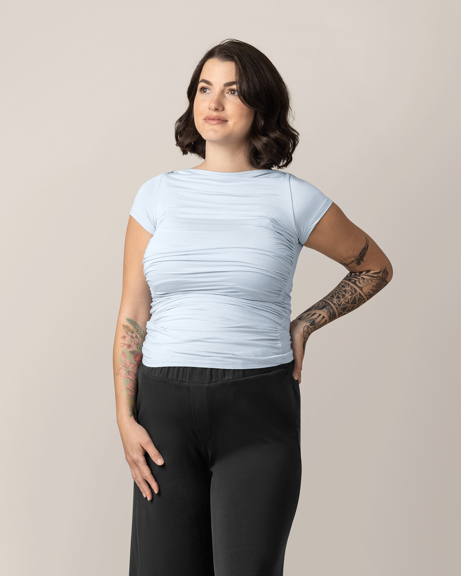 Front view of model wearing Kiera Boat Neck Maternity & Nursing Top in French Blue