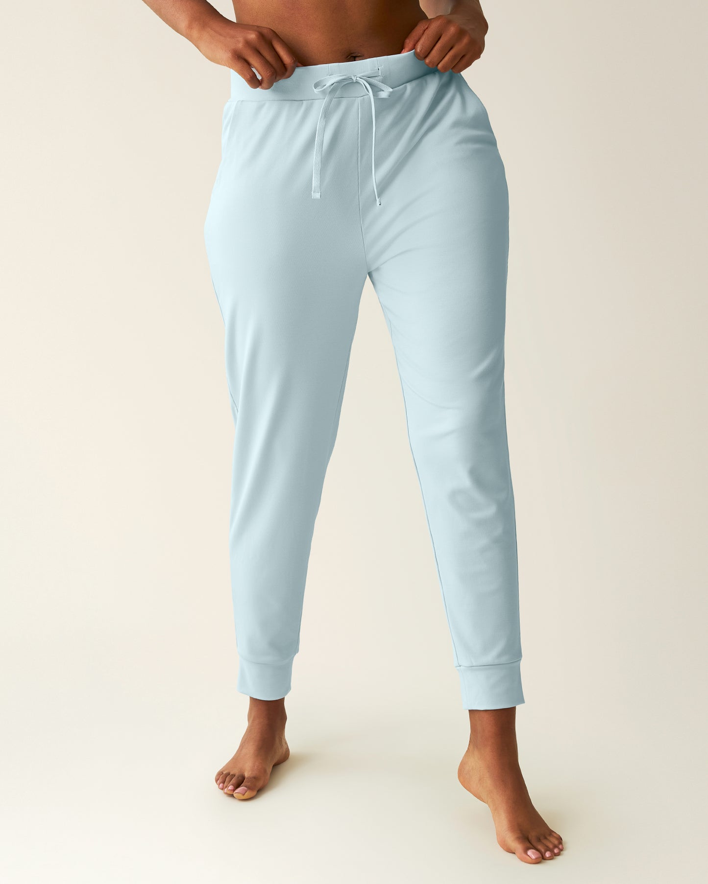 Model wearing Brushed Bamboo Maternity & Postpartum Jogger in Powder Blue