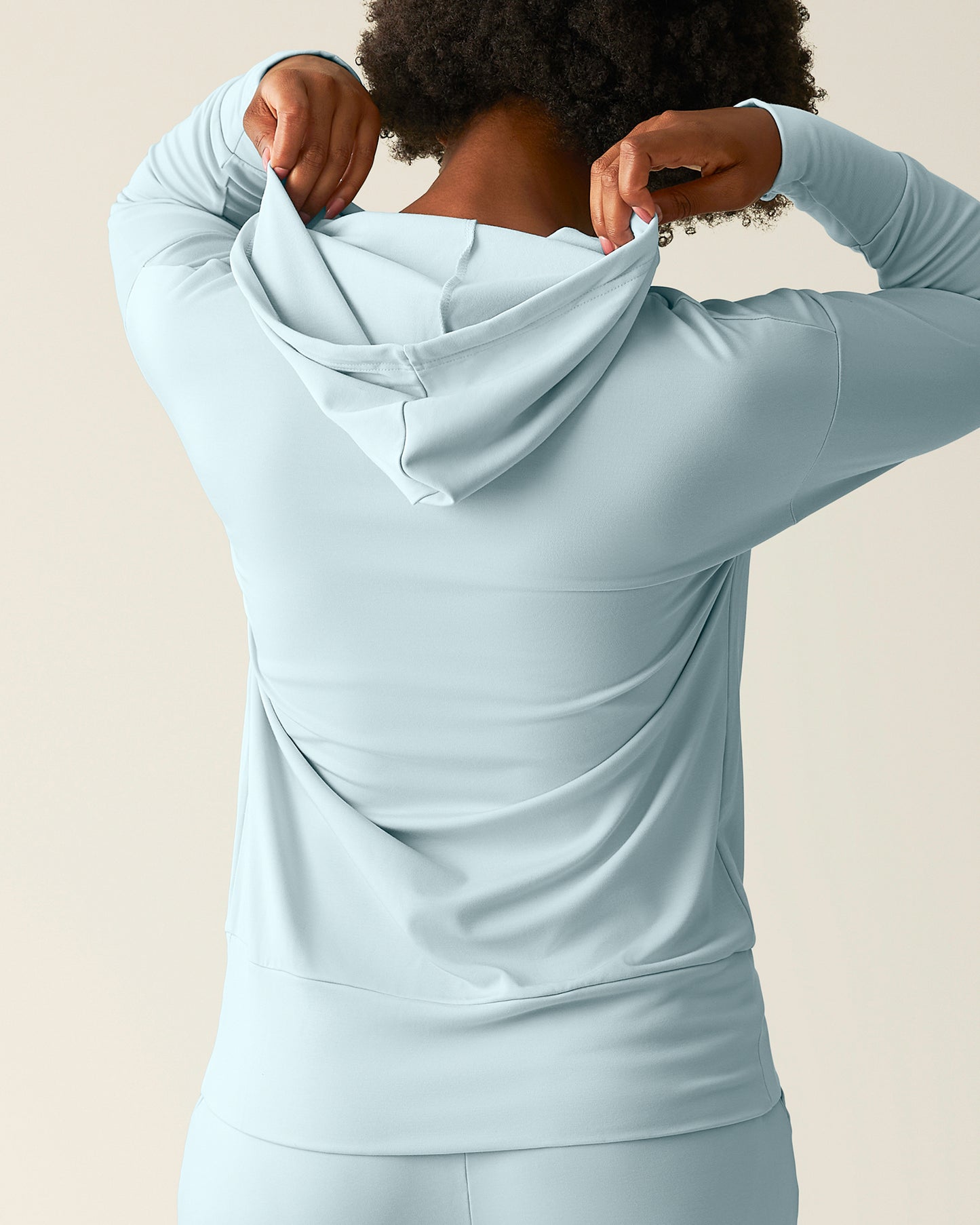 Back view of model wearing Brushed Bamboo Maternity & Nursing Hoodie in Powder Blue